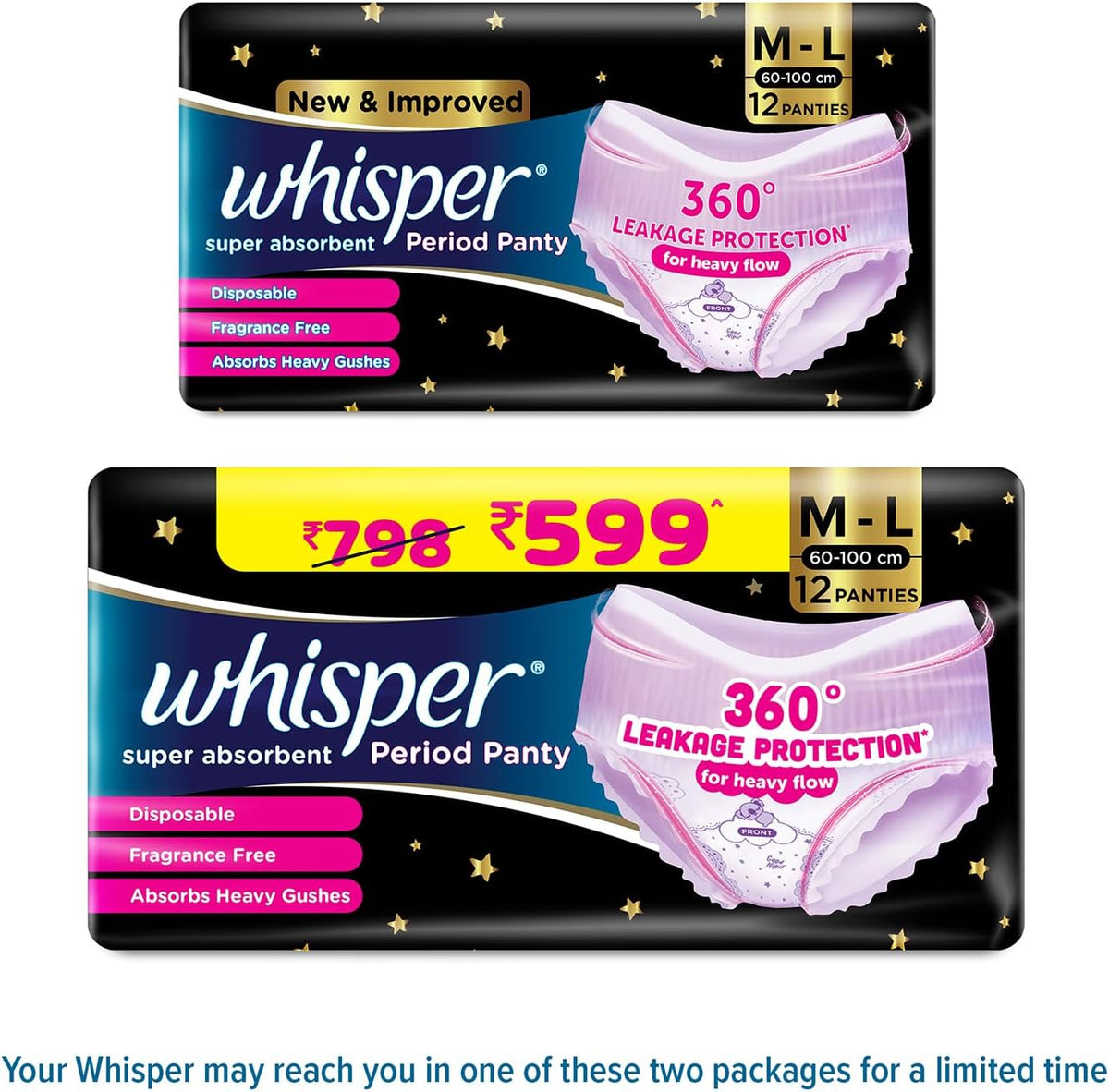 Whisper Super Absorbent Period Panties for Women, Heavy Flow, 40 Feet / 12m-L Pants, 360 Degree Leak Protection, Panty-Like Fit with Full Coverage