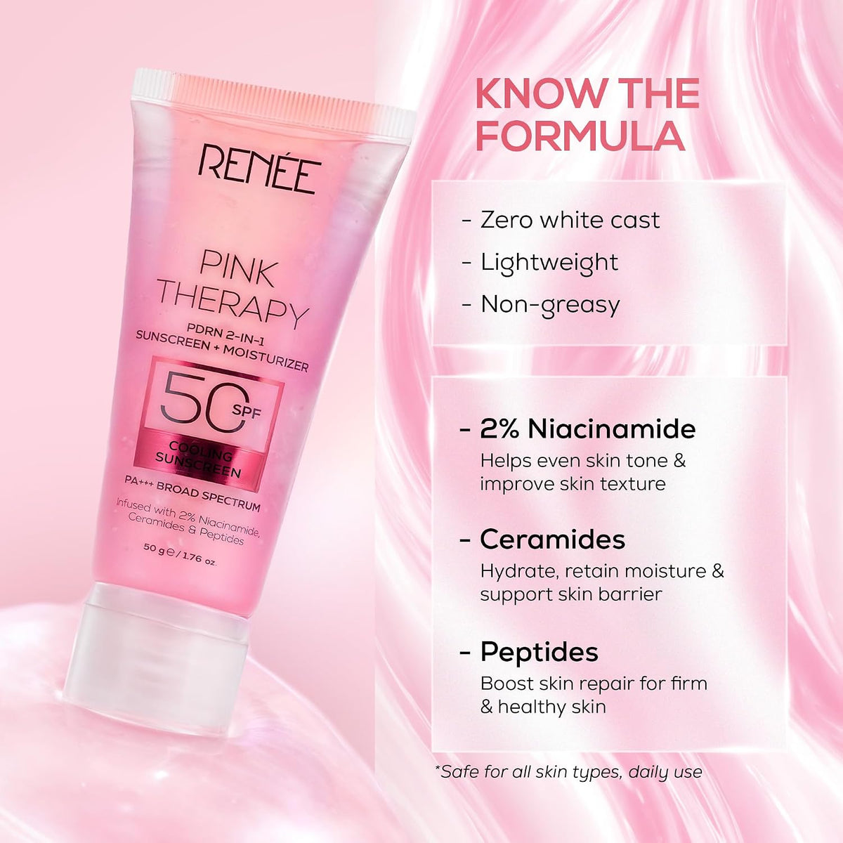 RENEE Pink Therapy PDRN 2-in-1 Sunscreen + Moisturizer SPF 50 PA+++ | In-Vivo Tested | with Niacinamide | Broad Spectrum UVA & UVB Protection | No Visible White