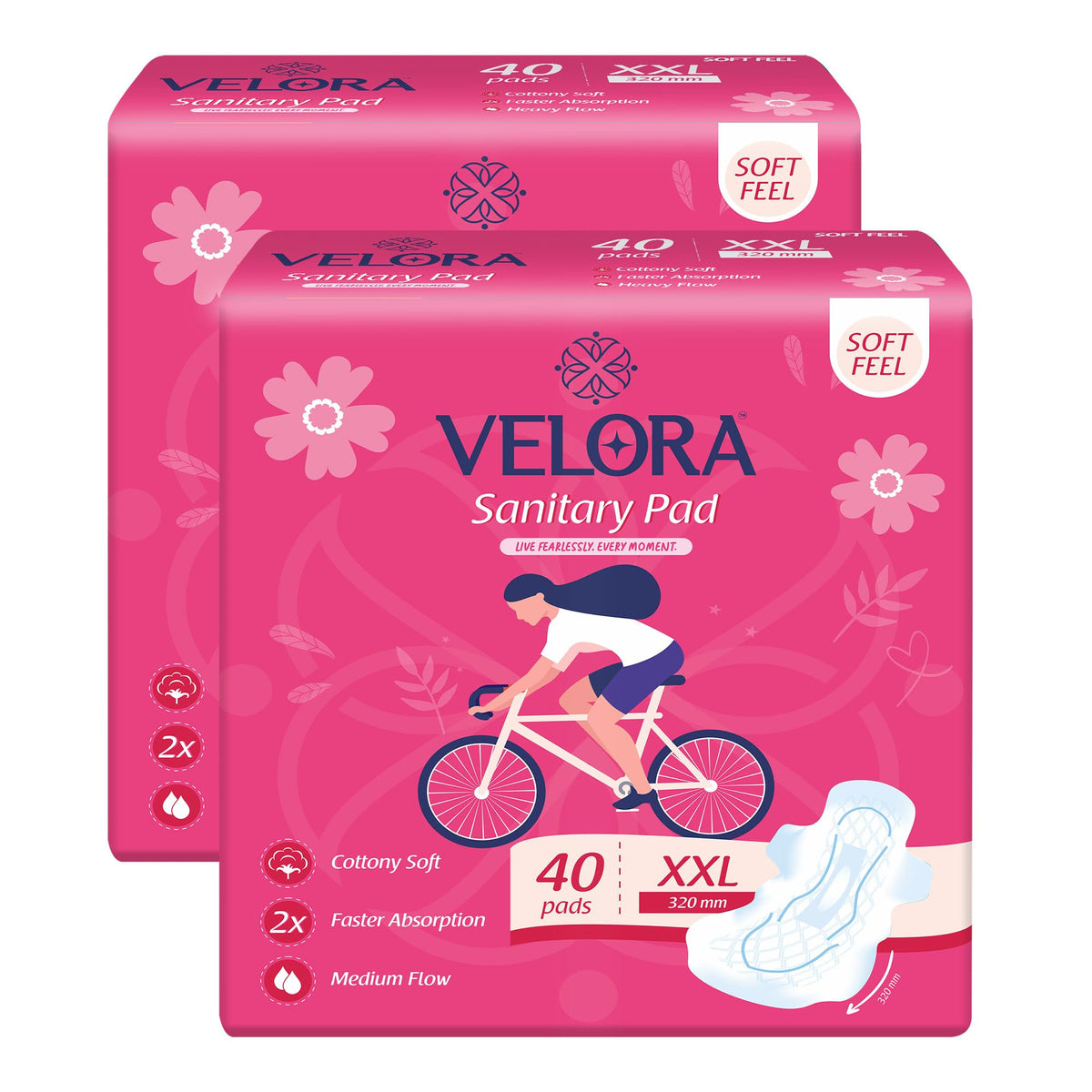 Velora Soft Feel & Rash Free Pack of 1 Trifold Sanitary Pads| XL - 280MM | 40 Pads | Sanitary Pads for Women and Girls, Quick Absorption, Heavy Flow Champion, S