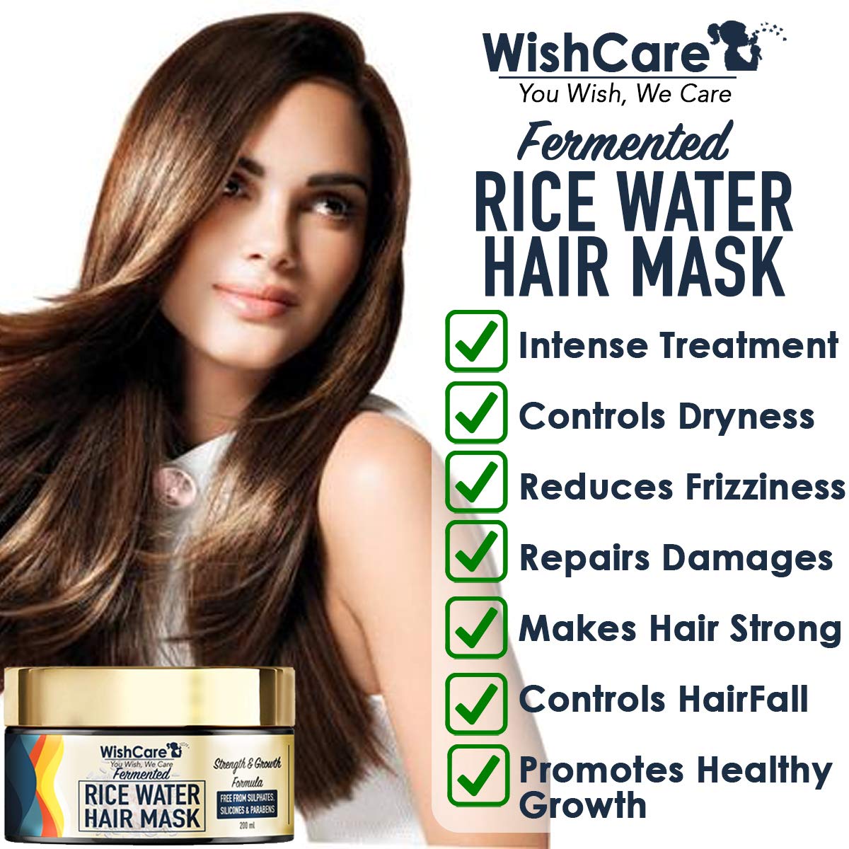 WishCare Fermented Rice Water Hair Mask- Strength & Growth Formula - For Dry & Frizzy Hair - Free from Mineral Oils, Sulphates & Paraben - For All Hair Types - 200 Ml
