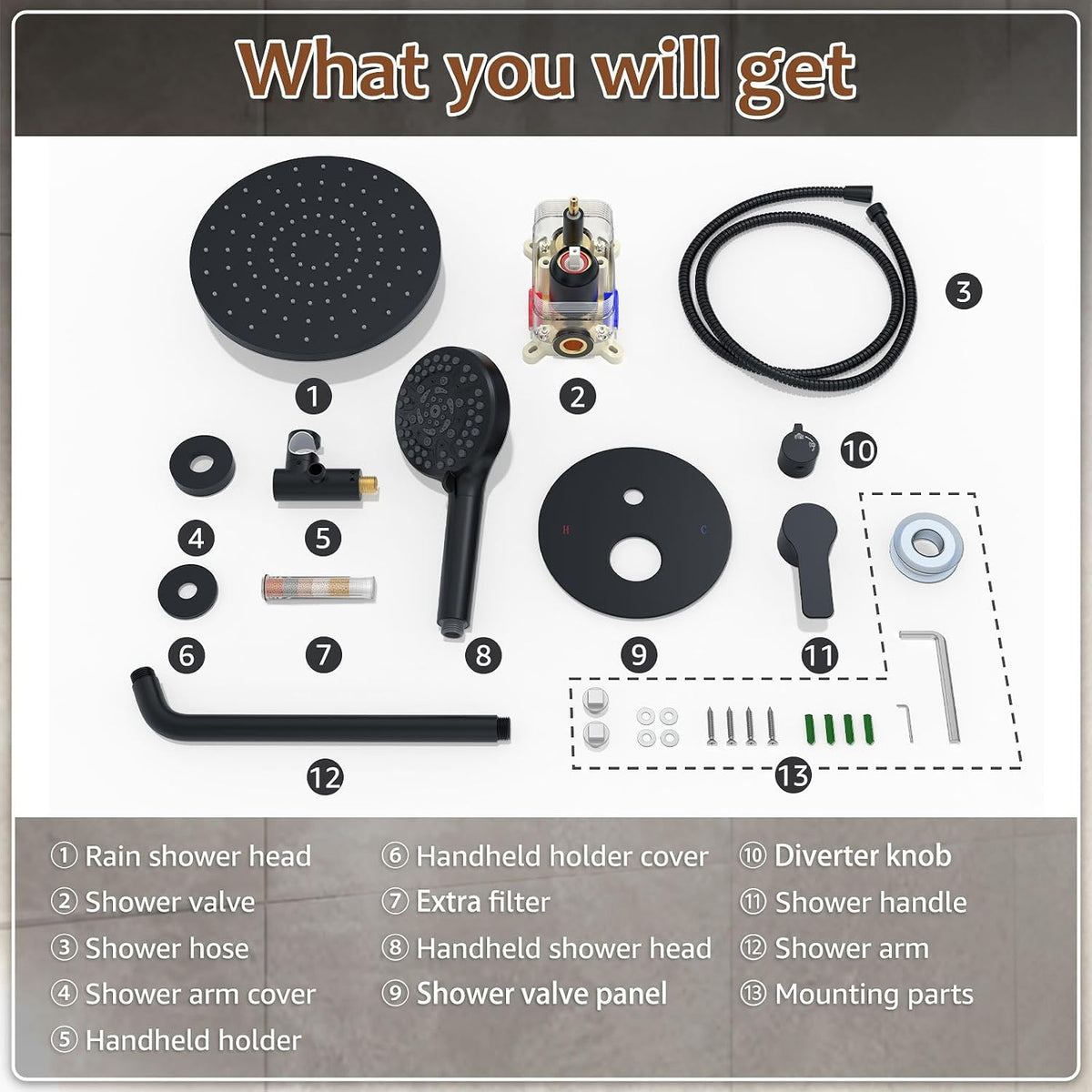 Iriber Mattle Black Round Rain Shower System Faucet Set，Filtered Shower Head with Handheld, Modern Bathroom 9 Spray Mode Showerhead with Filters,Shower Valve Tr