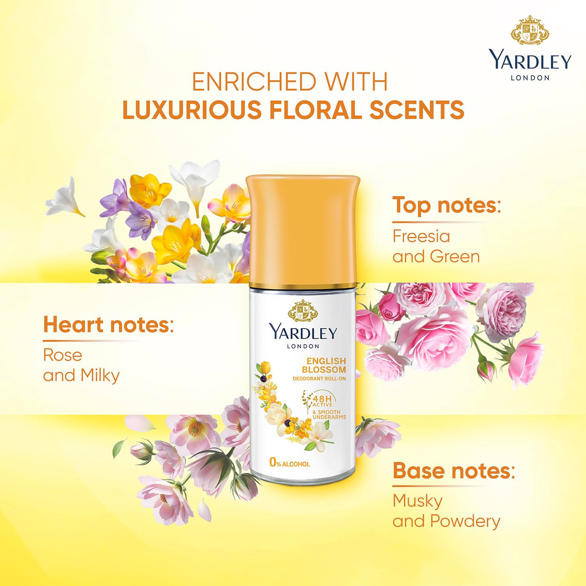 Yardley London English Blossom | Underarm Deodorant Roll On| With Licorirce Extract & Floral Extracts | Smooth & Eventoned Underarms | 72 H Long Lasting Floral