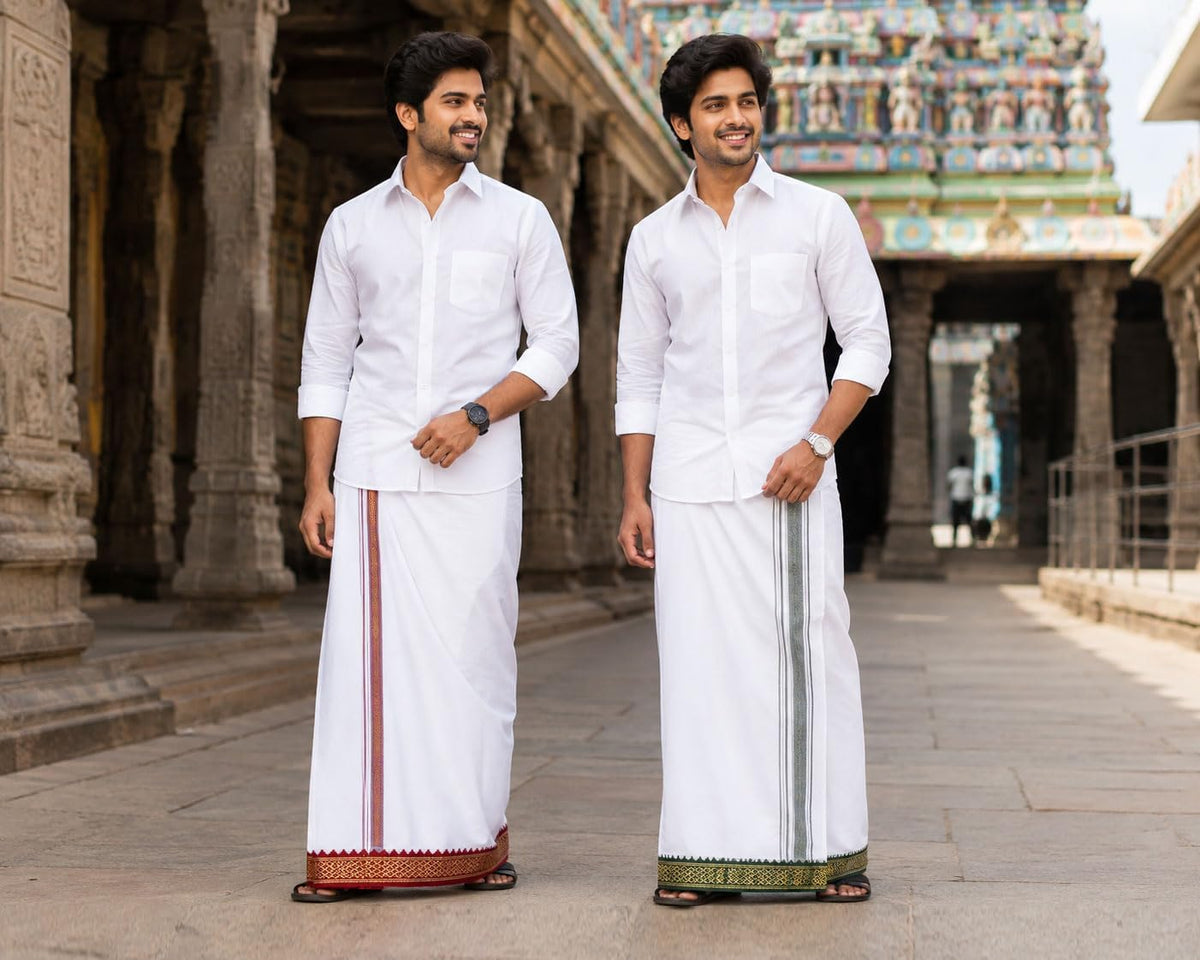 Single Layer Cotton Dhoti 1.8mts Vesti Mundu Ethnic Dress Thalapathy Style Border-White (Pack of 2)