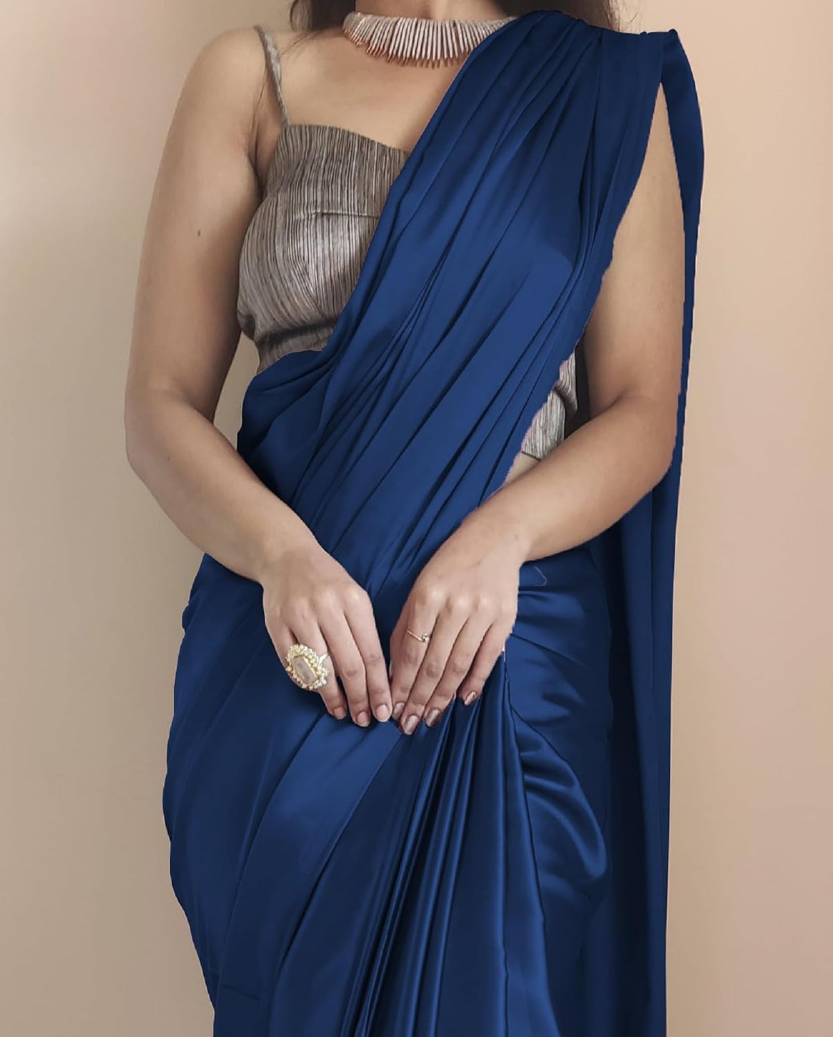 Women's Ready to Wear Plain Dark Blue Satin Silk 1 Minute Pre Pleated Saree With Dark Blue Unstitched Blouse
