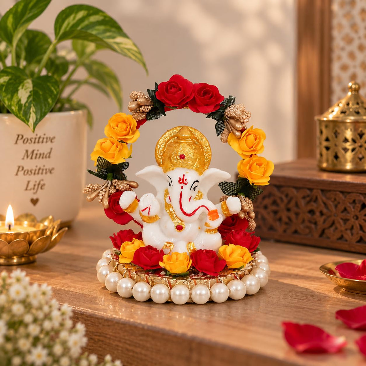 eCraftIndia Resin Lord Ganesha Idol On Decorative Rose Flower Plate| Ganesha Idol for Home Decor Car Dashboard| Ganesha Statue| Ganesh Murti| Ganpati Murti God