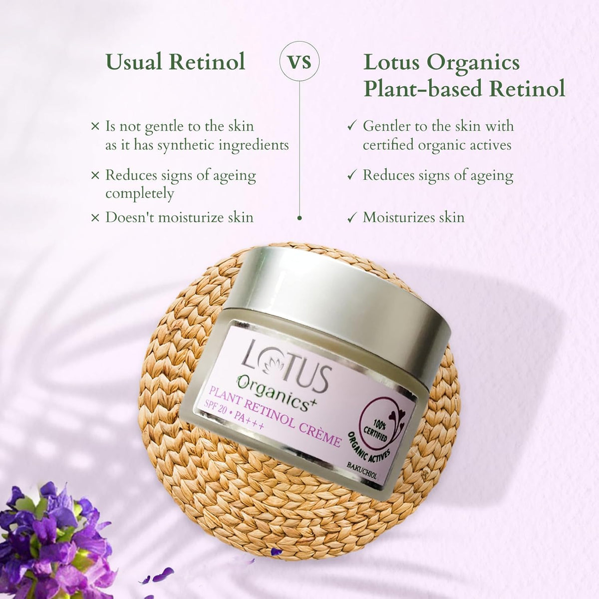 Lotus Organics+ Bakuchiol Plant Retinol Cream SPF 20 PA+++ | 100% Certified Organic Bakuchiol | Anti-Ageing Face Cream For Fine Lines & Hydration | 97% Natural
