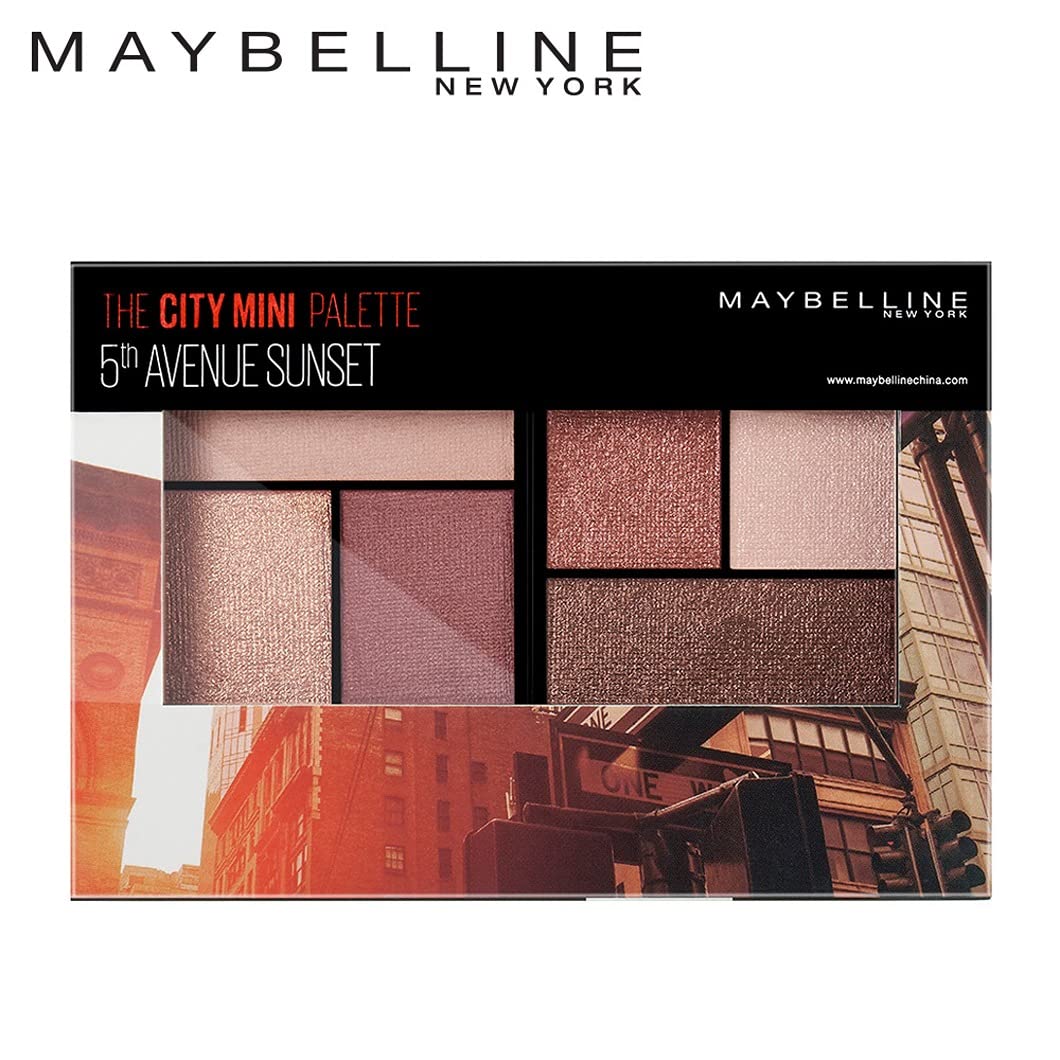 Maybelline New York The City Mini Eye Shadow Palette - 5th Avenue Sunset, 6 Highly Blendable Shades, Shimmer & Metallic Finish. The City Mini Eyeshadow Palette is Pigmented & Long-lasting