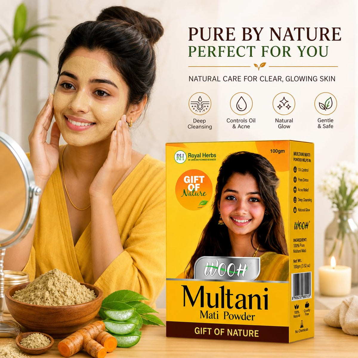 Wooh Multani Mitti Powder 100g for Face Pack, Skin Cleansing & Oil Control | Natural Fuller’s Earth for Glowing Skin & Hair Care