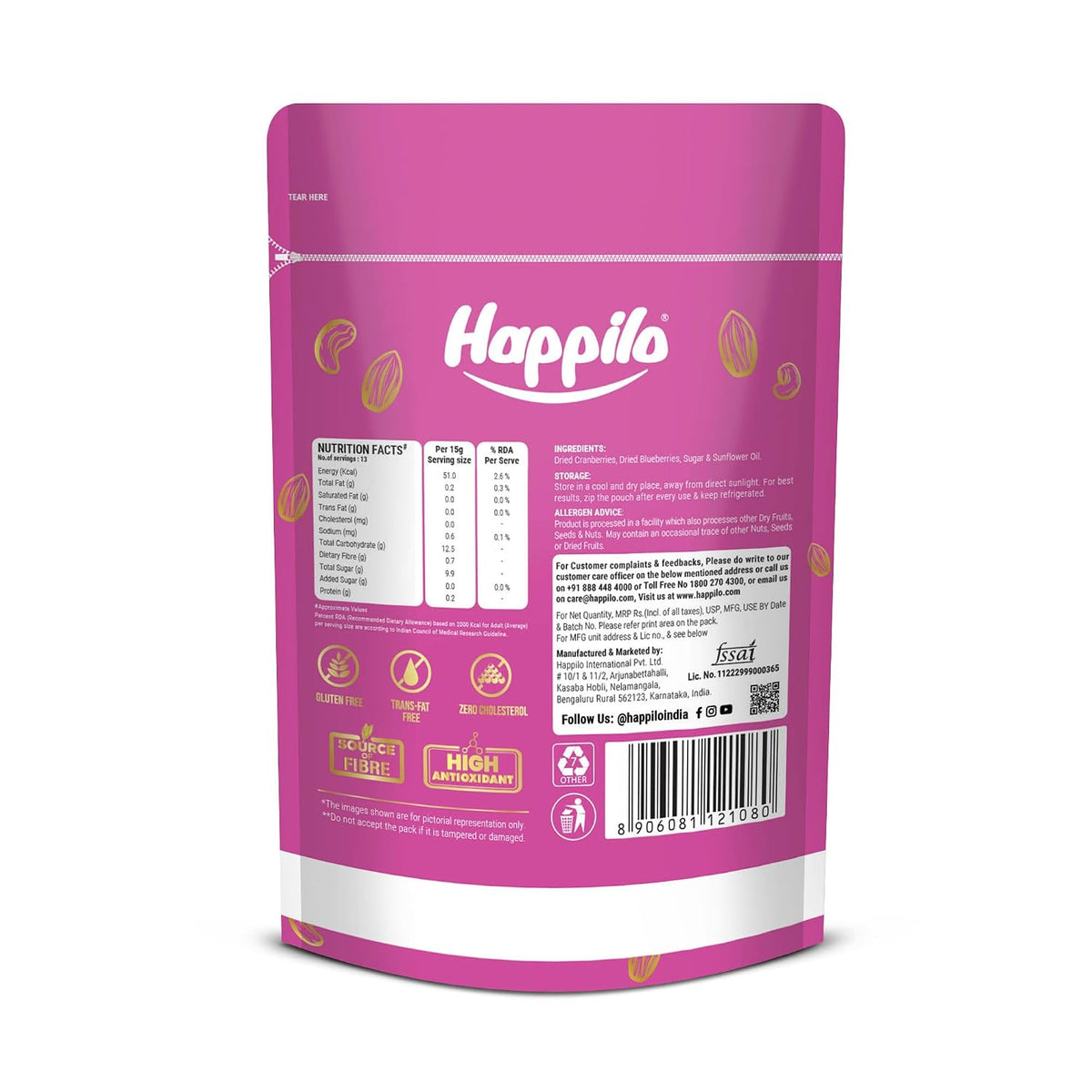 Happilo Premium Dried Blueberry Cranberry Duet 200 grams Pack | Healthy Snacks, Dry fruits|Dried Cranberries & Blueberries Mix | Natural Real Dried Berries | Lo
