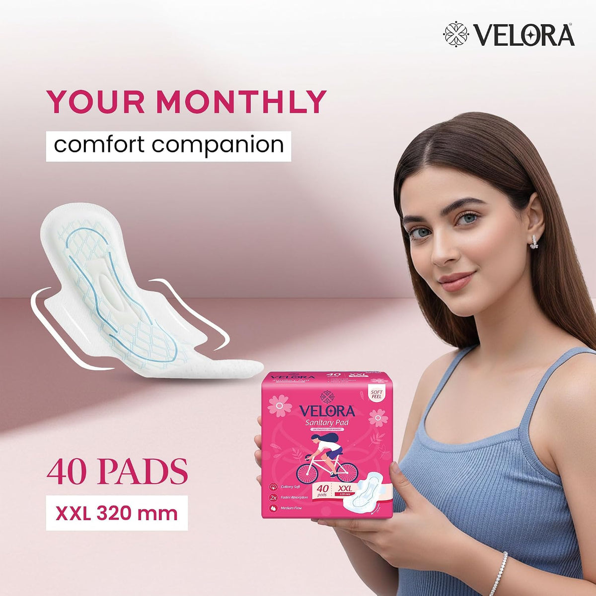 Velora Soft Feel & Rash Free Pack of 1 Trifold Sanitary Pads| XL - 280MM | 40 Pads | Sanitary Pads for Women and Girls, Quick Absorption, Heavy Flow Champion, S