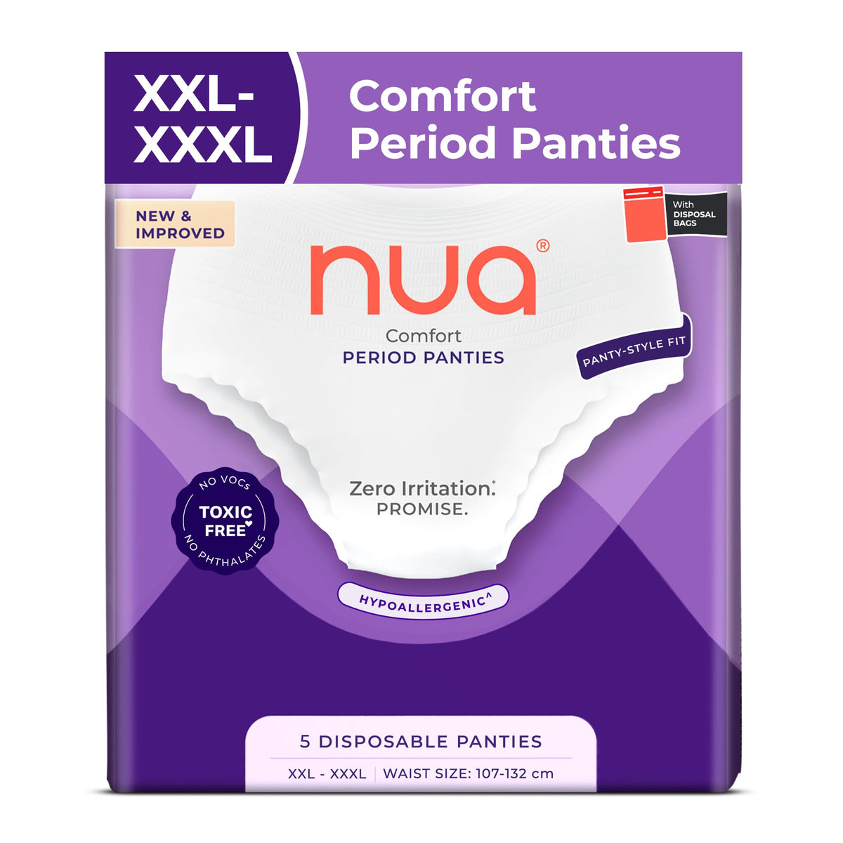 Nua Comfort Period Panties (XXL-XXXL) | Pack of 5 | Disposable | 360° Coverage | Zero Irritation | 4x Comfort | For Heavy Flow | No rashes | Leakproof | Seamles