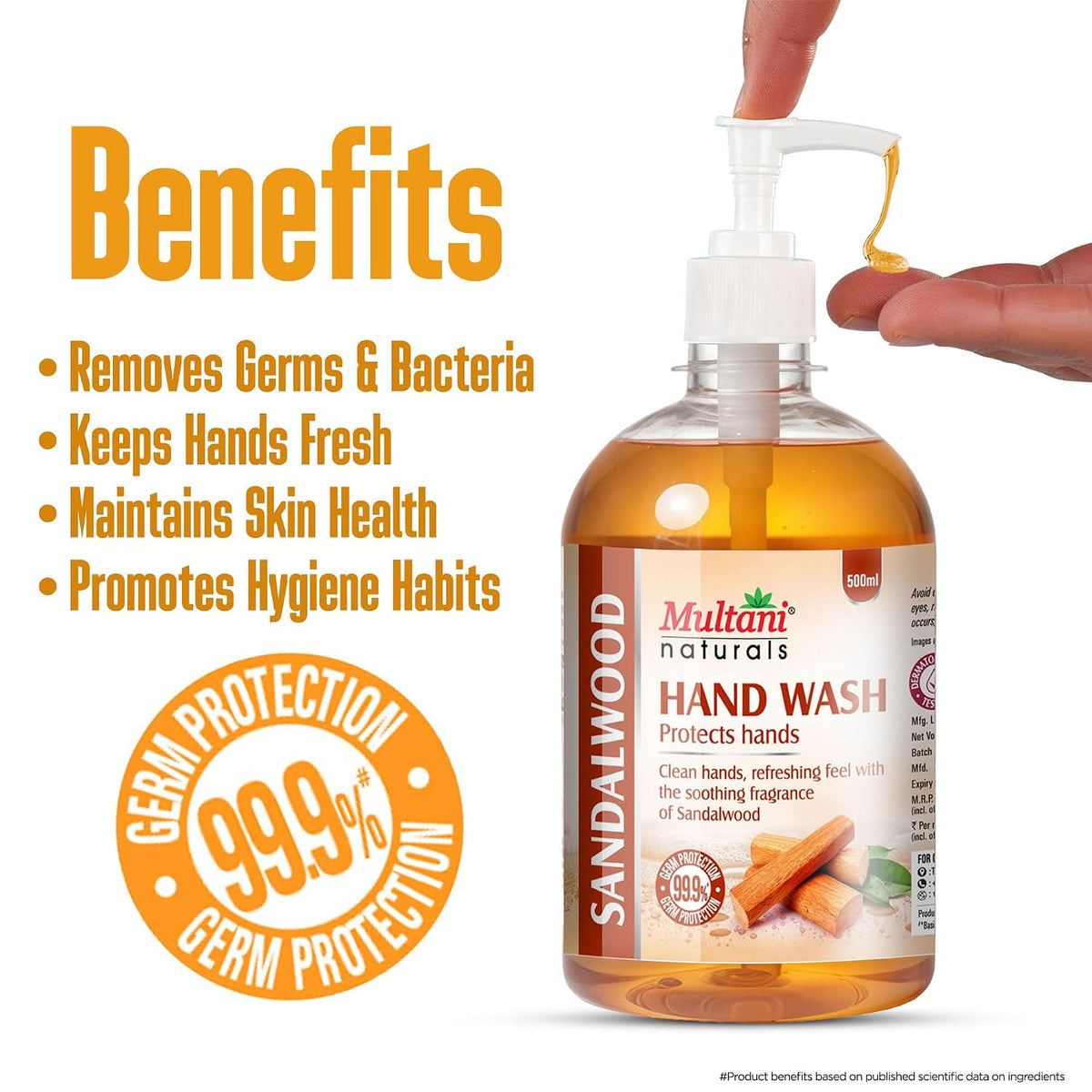 Multani Natural Sandalwood Hand Wash - 500 ml | Gentle Hand Cleanser With Natural Ingredients | Moisturizing Hand Wash | 99.9% Germ Protection Liquid Hand Wash
