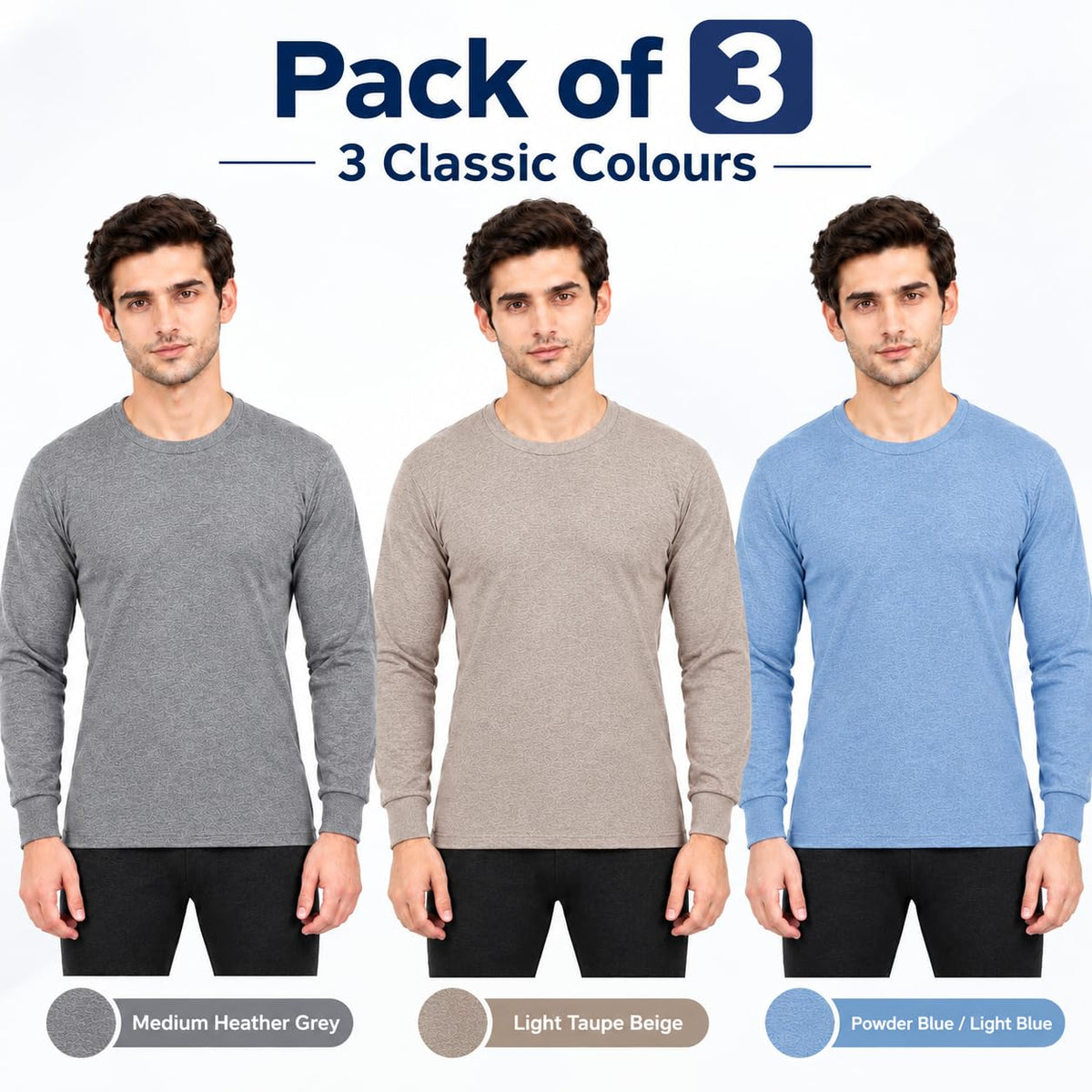 Men's Thermal Top Pack of 3 | Round Neck Full Sleeve Thermal Innerwear for Men | Warm, Soft & Comfortable Winter Wear | Regular Fit (Size-S) 34