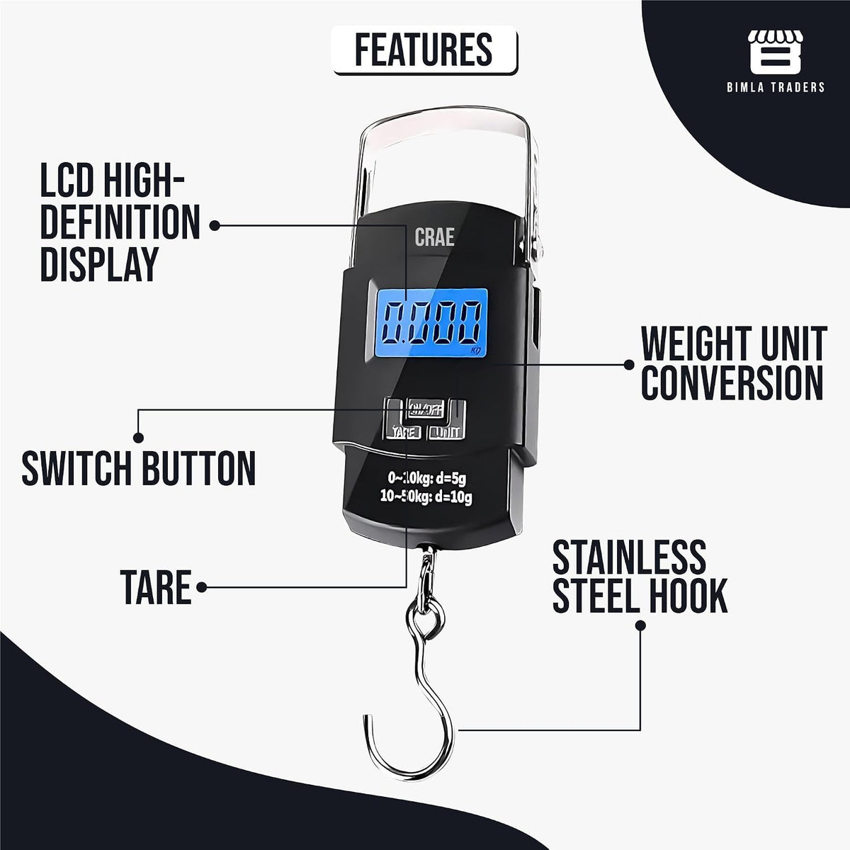 CRAE Electronic Portable Digital LED Screen Luggage Weighing Scale with Big Hook | Handheld Travel Weight Measuring Scale for Suitcases, Bags | Capacity 50 kg /