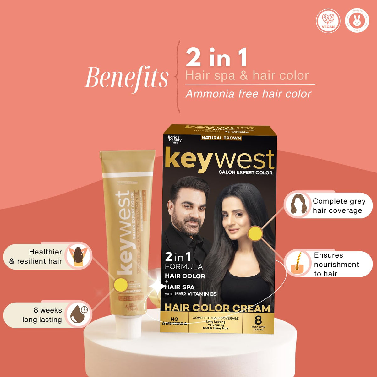Keywest Crème Hair Colour Brown - 130ml (Ammonia Free) | Hair Color Cream | 2in1 Formula Hair Color + Hair Spa with Pro Vitamin B5