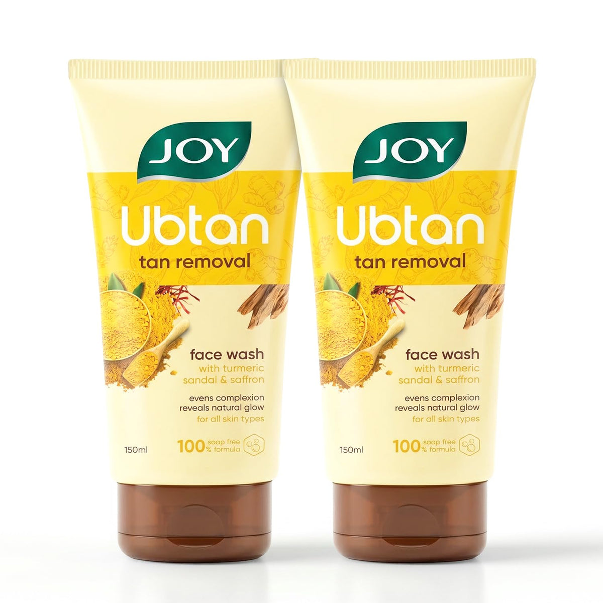 Joy Ubtan Tan Removal Face Wash 150ml x 2 | Detan Facewash | Removes Dirt & Blemishes for a Natural Glowing Skin | Enriched With Turmeric, Saffron & Sandalwood
