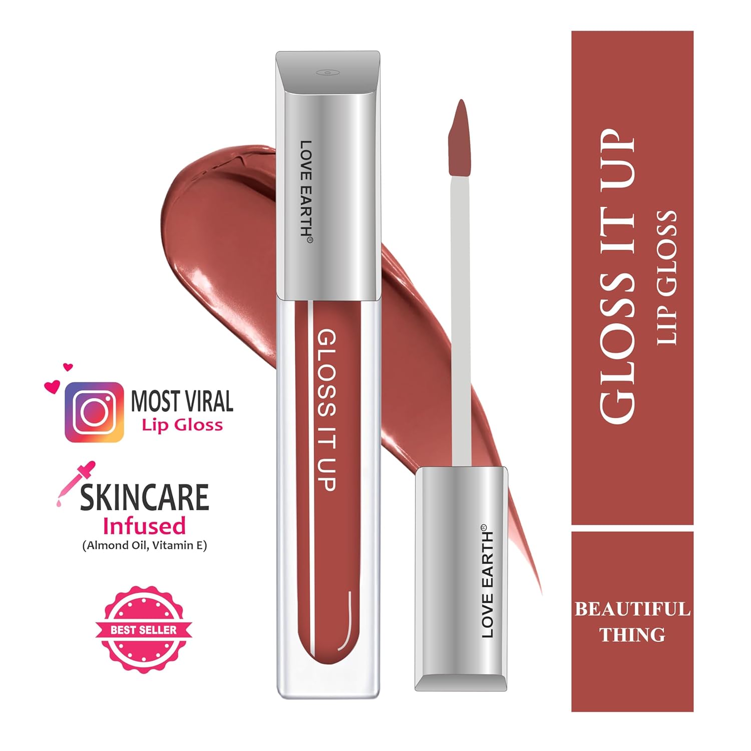 Love Earth Liquid Lip Gloss -Beautiful Thing For Soft & Dewy Lips Enriched With Vitamin E & Almond Oil |Lip Color For Glossy Look |Lightweight Non Sticky Lip Shiner For Moisturizing 3ml (Barbie Pink)