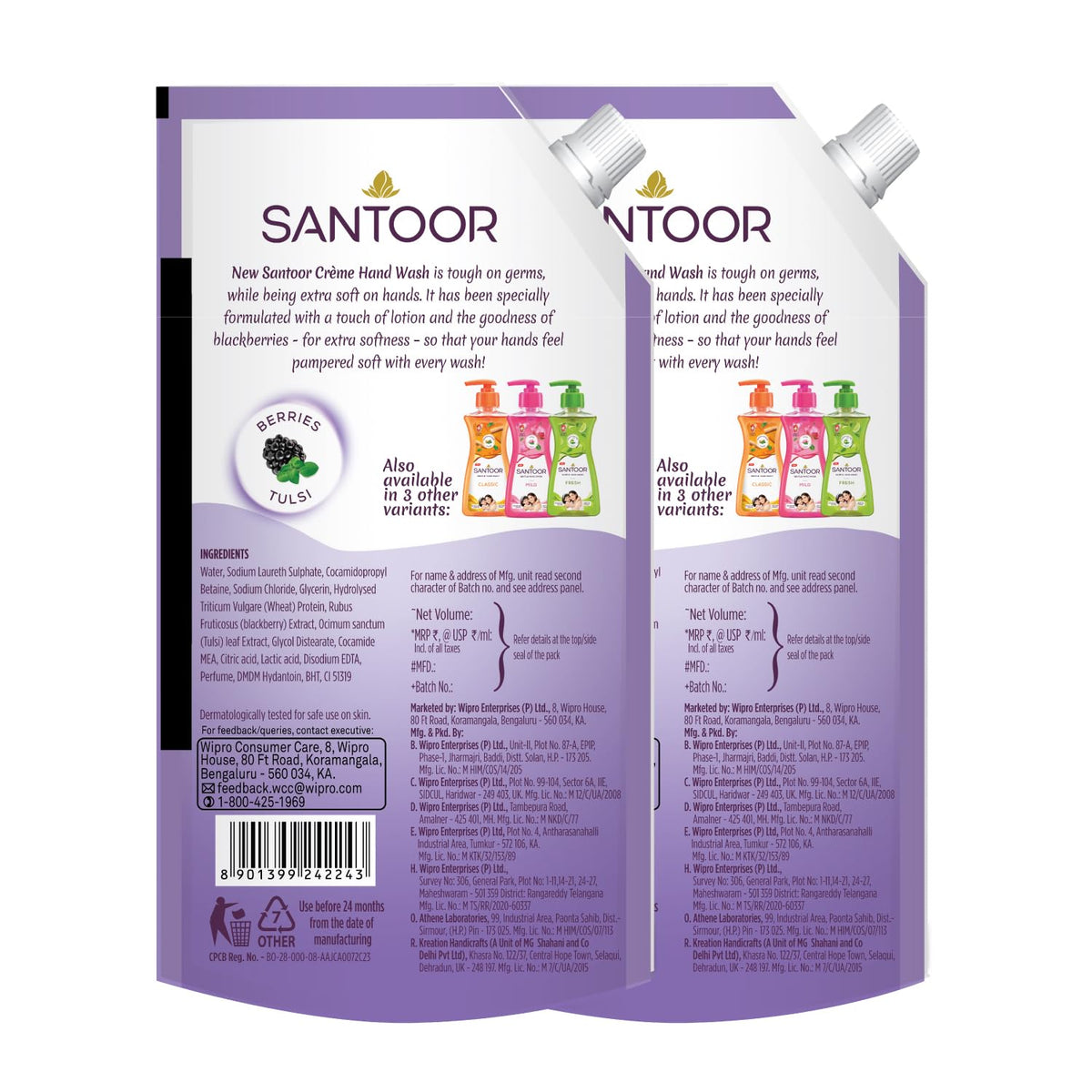 Santoor Crème Handwash 600ml, Pack of 2 with Touch of Lotion| Made with Berries & Tulsi| Rich Lathering Formula with Anti-Bacterial Properties| Soft on Hands| S