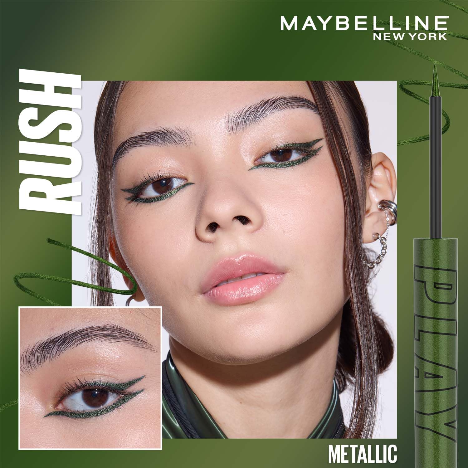 Maybelline New York Tattoo Play Metallic Green Liquid Eyeliner, Metallic | Longwear Waterproof Eyeliner, 2.1ml
