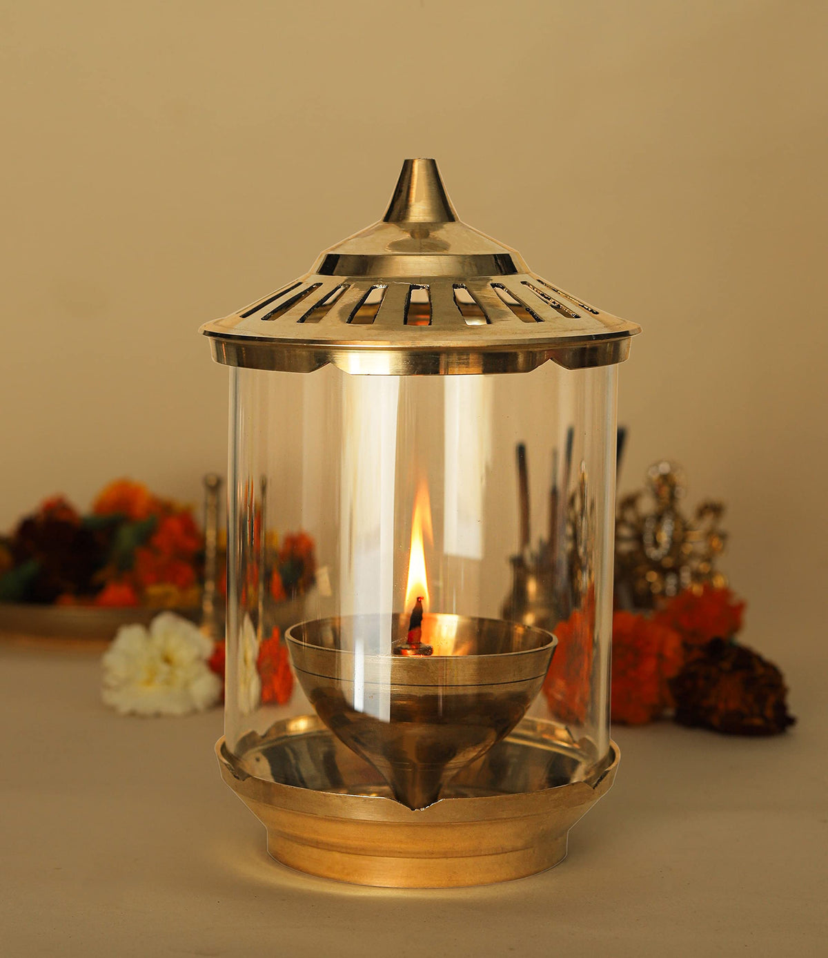 Klassic Kumbha 8 Inch Large Akhand Diya with Borosilicate Glass Shade, Wick Holder & Brass Lid | Premium Brass Oil Lamp for Mandir, Pooja, Diwali | Wind-Protect
