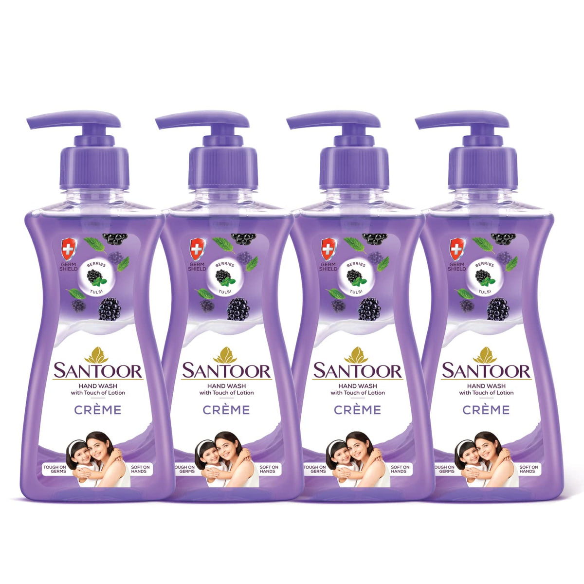 Santoor Crème Handwash 200ml, Pack of 4 with Touch of Lotion| Made with Berries & Tulsi| Rich Lathering Formula with Anti-Bacterial Properties| Soft on Hands| S