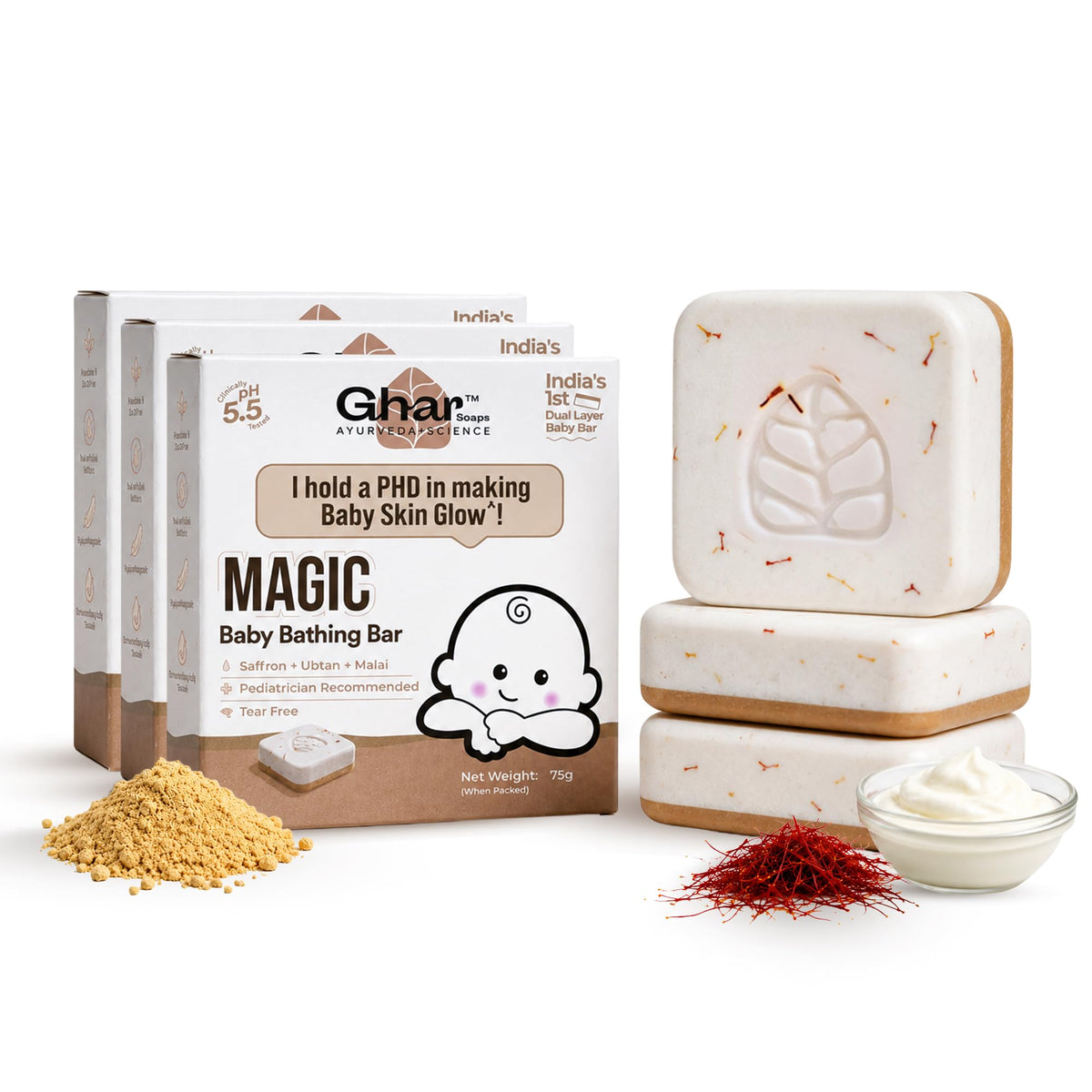 Ghar Soaps Magic Baby Bar | For Glowing Baby skin | With Ubtan + Malai + Kesar | pH 5.5 & dermatalogically tested (75gm x 3 Pack) 75 g (Pack of 3)