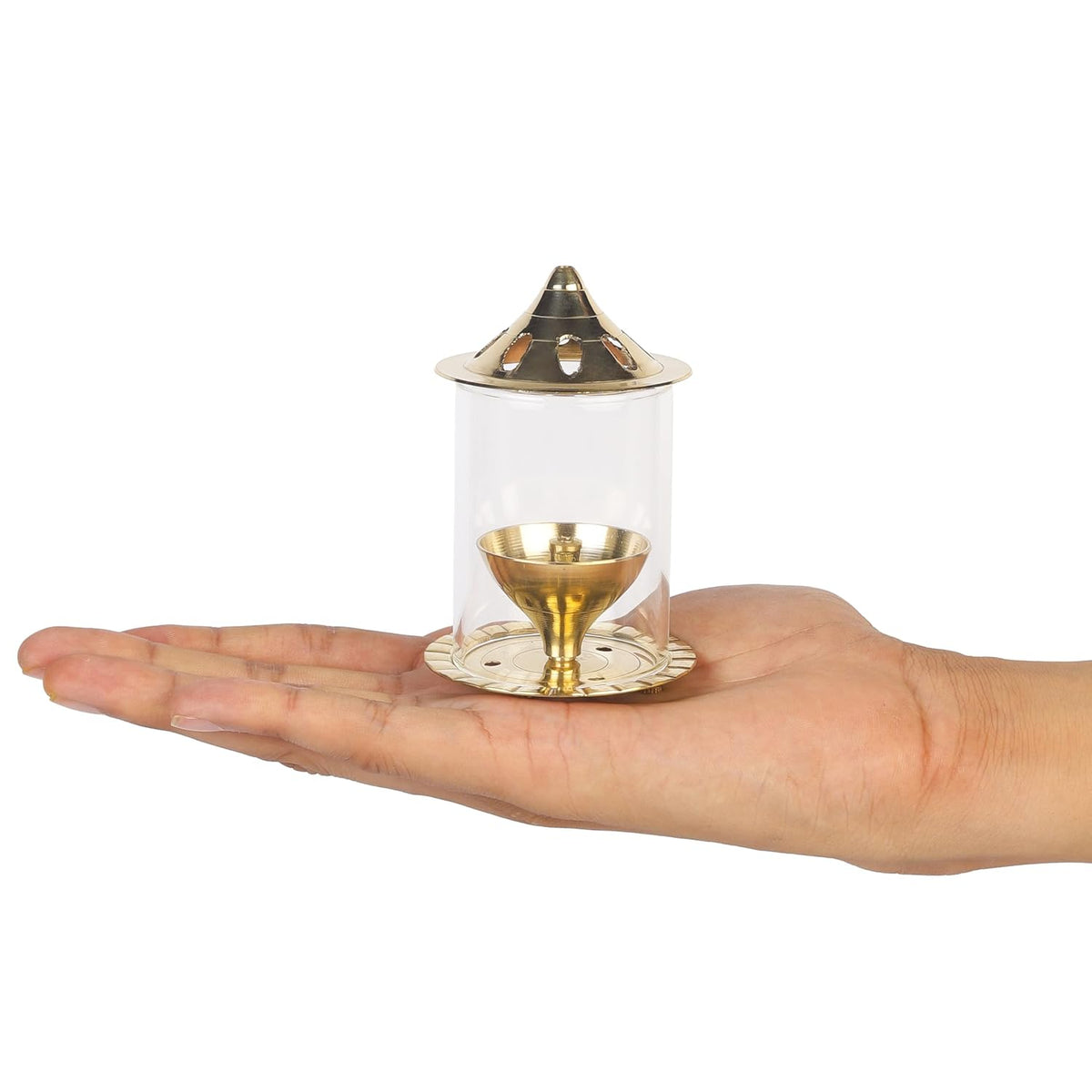 Klassic 4 Inch Navjyoti Akhand Diya with Borosilicate Glass Shade | Pure Brass Oil Lamp for Mandir, Pooja, Daily Prayer, Diwali, Prayer Room, Wick Holder Festiv