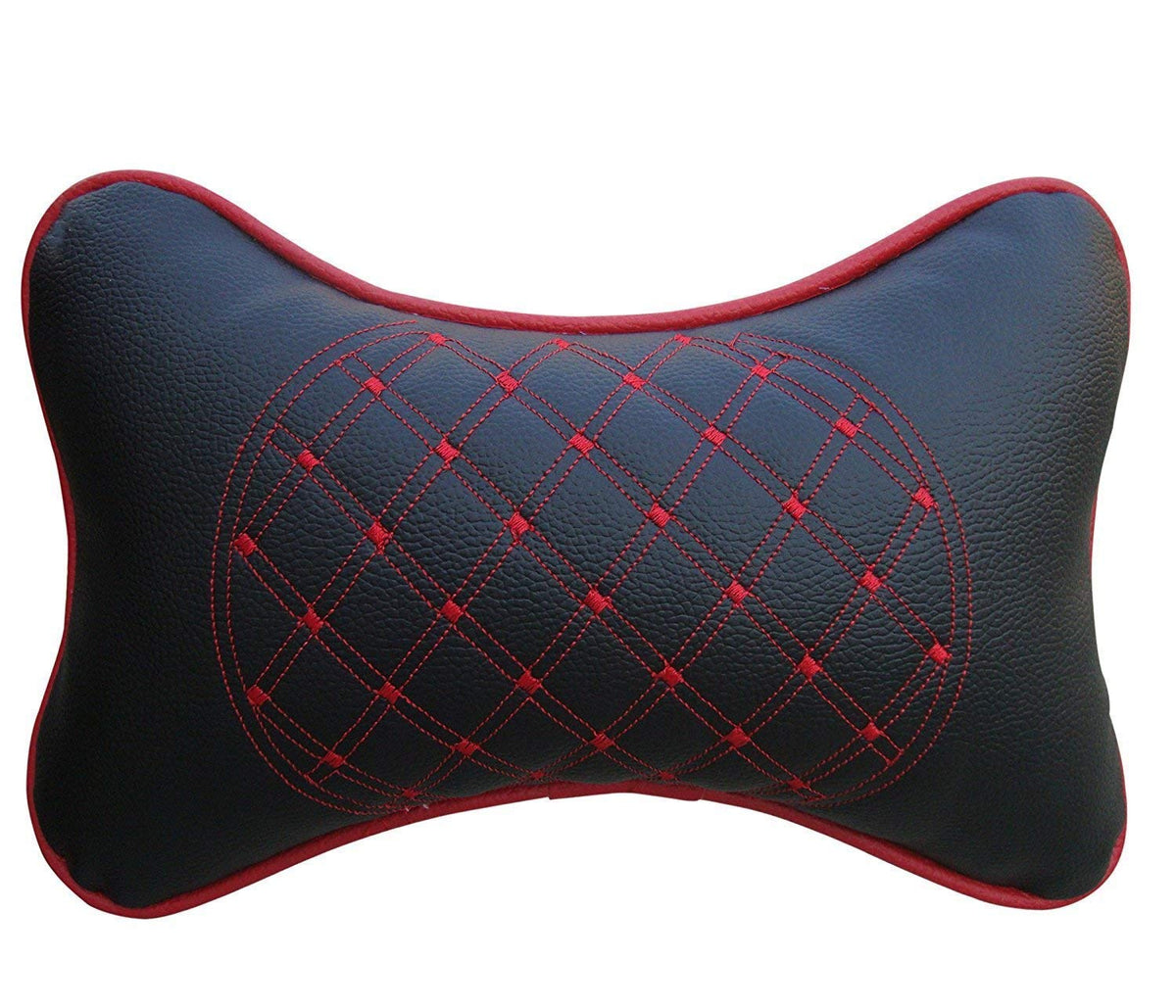 DETACHI Faux Leather Car Neck Rest Pillow/Cushion Set of Pillows Compatible with All Cars (Black, with RED Embroidery) - Pack of 2 Pieces Red & Black