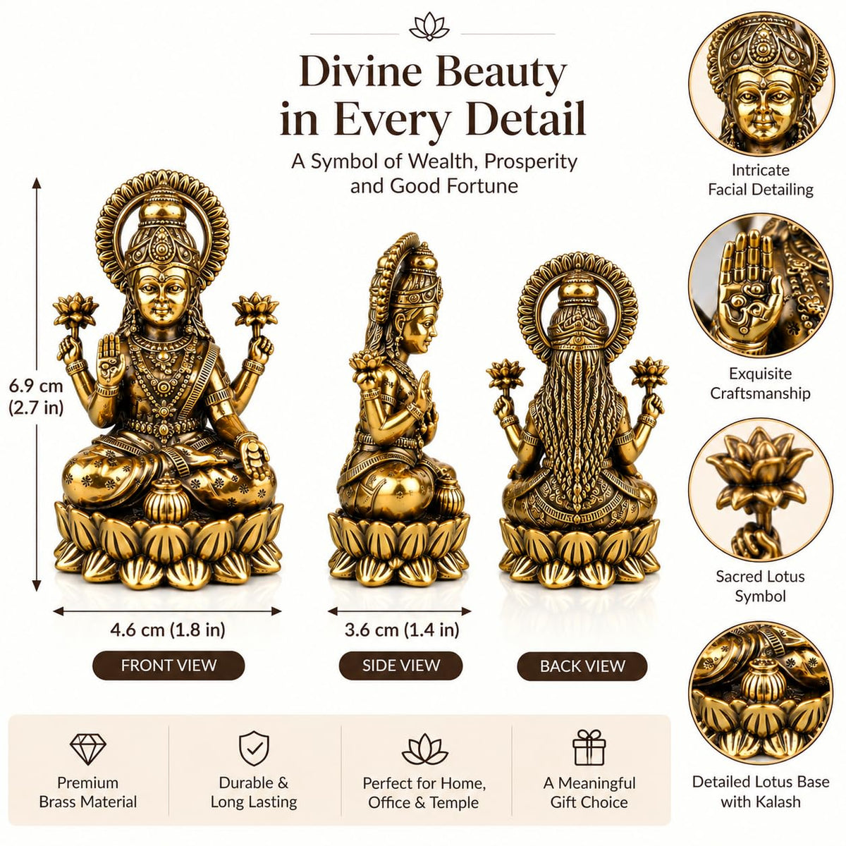 Brass Lakshmi Devi Idol — Sitting Kubera Lakshmi Statue on Lotus with Money Pot, Antique Finish Mahalaxmi Murti for Diwali Pooja & Home Temple, 2.7 Inch