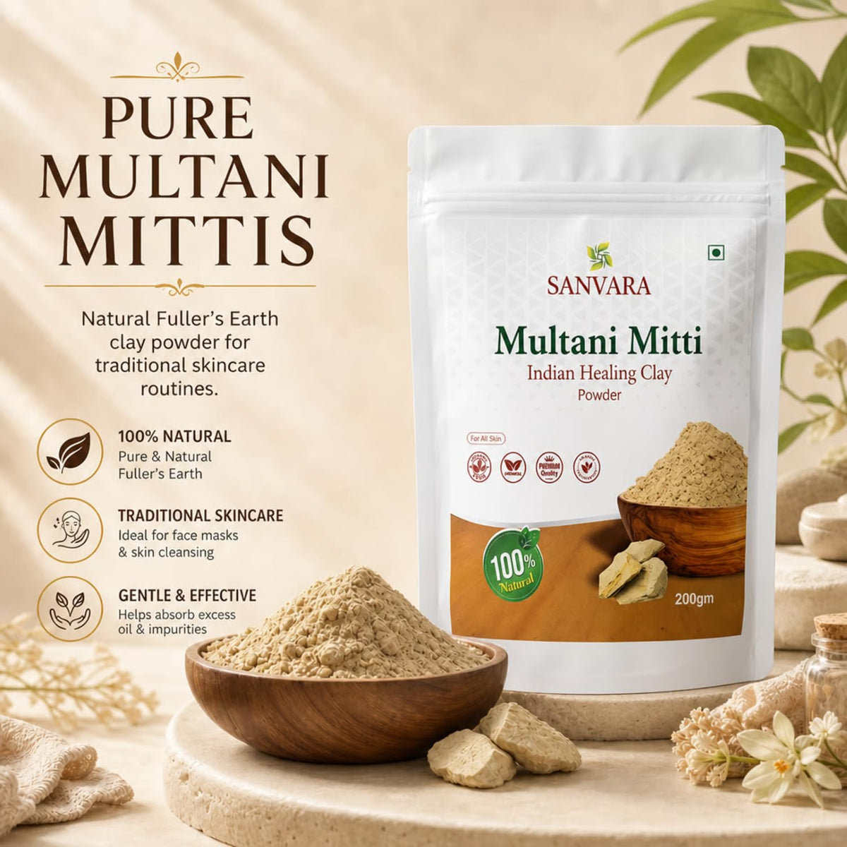 SANVARA Multani Mitti Powder 200g | 100% Pure Fuller’s Earth Powder for Face & Hair Care | Natural Clay Face Pack | Helps Remove Excess Oil & Impurities | For S