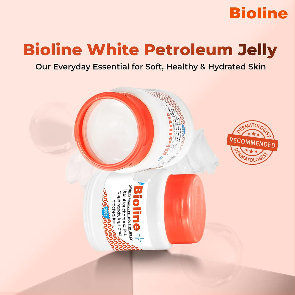 Bioline White Perfumed Petroleum Jelly for Chapped Lips, Rough Hands, Legs & Cracked Feet | Moisturizing & Soothing Cream for Dry Skin | 200 g Pack 200 g (Pack