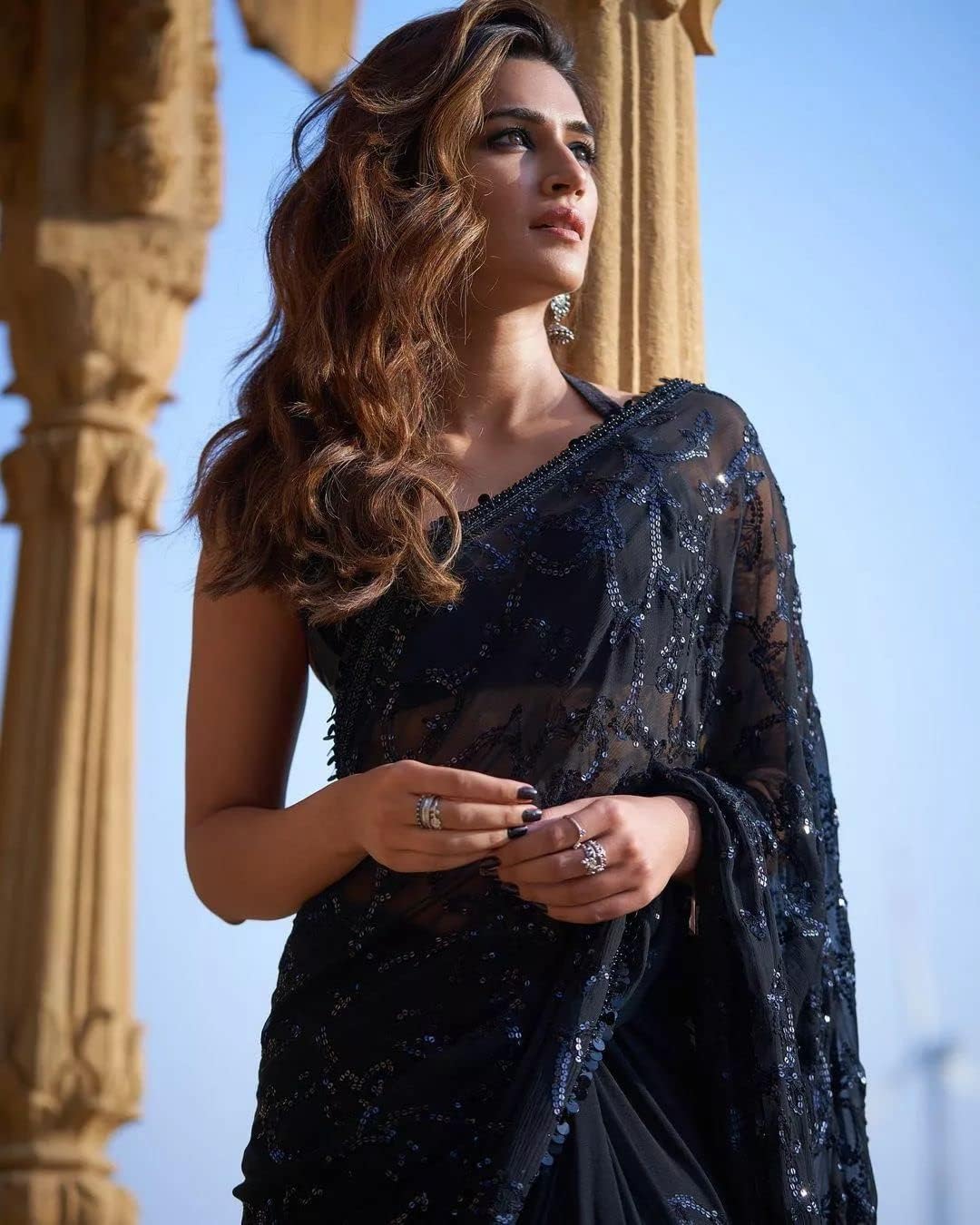Sidhidata Women's Sequence Work Georgette Saree With Blouse Piece (Kriti Sanon Sequence) Black