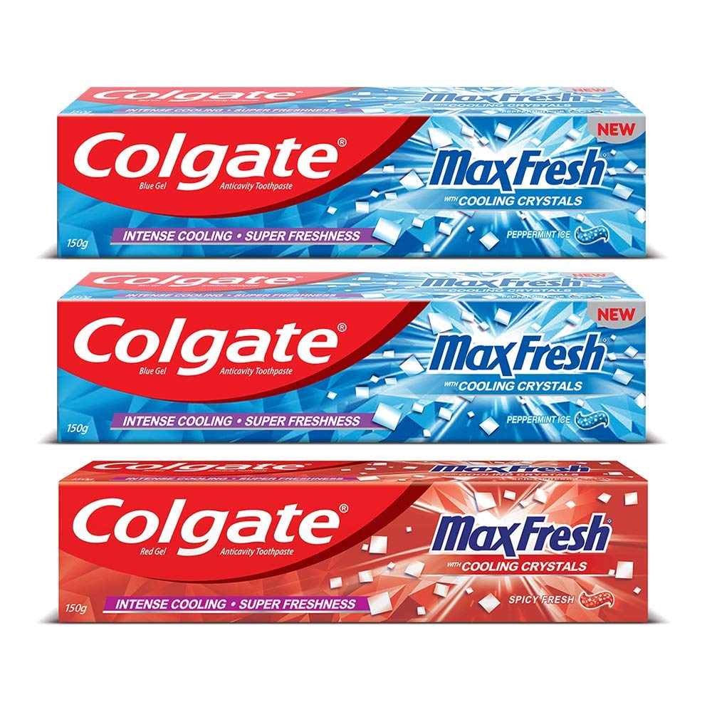 Colgate MaxFresh Anti-cavity Toothpaste, Peppermint Ice, 150gm (Pack of 2) with Anticavity Toothpaste Gel, Spicy Fresh - 150gm