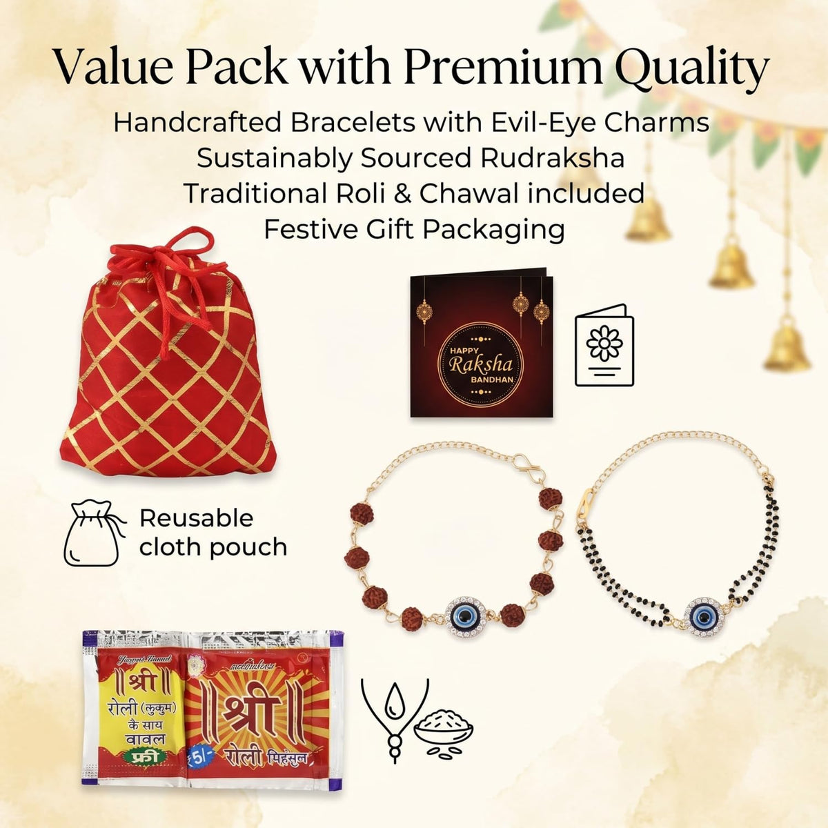 Kalakriti Handmade Rakhi for Brother and Bhabhi Combo Set of 2 With Designer Kundan Lumba Bracelet for Bhabhi With Roli Chawal, Raksha Bandhan Greeting Card and
