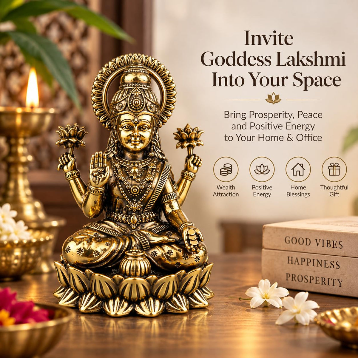Brass Lakshmi Devi Idol — Sitting Kubera Lakshmi Statue on Lotus with Money Pot, Antique Finish Mahalaxmi Murti for Diwali Pooja & Home Temple, 2.7 Inch