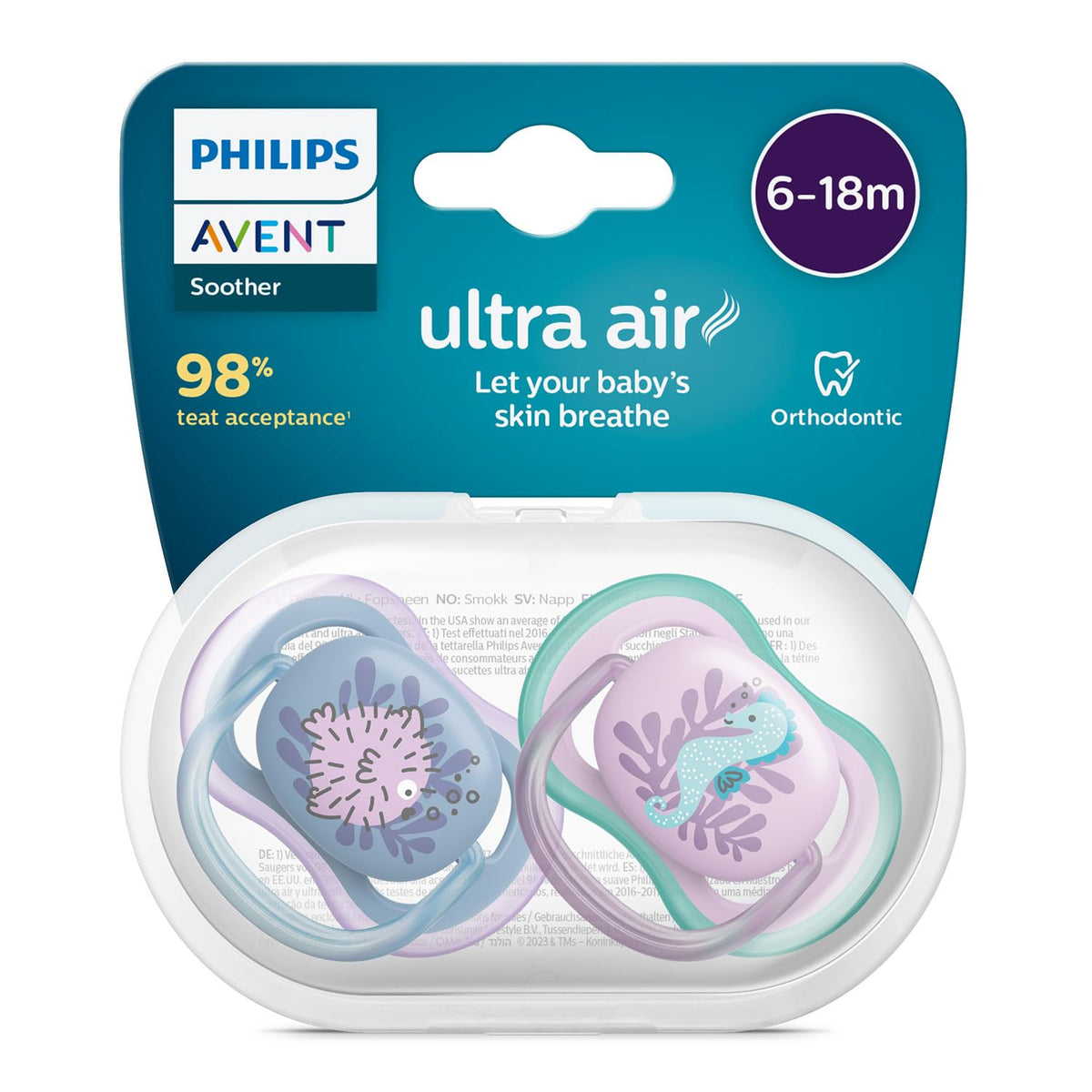 Avent Philips Pacifier Ultra air | Lets Your Baby's Skin Breathe | Orthodontic & BPA Free | 2 Pack | 6-18m | SCF085/61 | Silicone