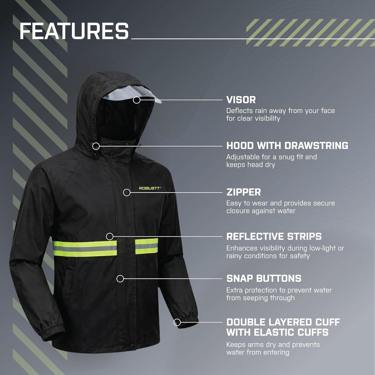Robustt Oxford Rain Suit for Men and Women | Size-XL to XXL | Black | Rain Coat and Pants Set | Reflective Strips for Night Safety | Adjustable Hood, Waterproof