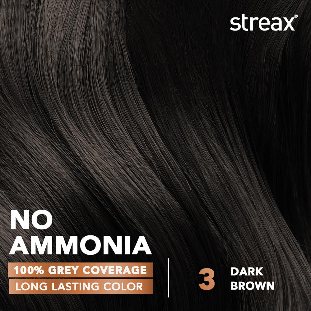Streax Women's Crème Permanent Hair Colour - 3 Dark Brown Hair Color, 100% Grey Coverage,Ammonia Free Hair Color, Long Lasting Hair Colour, Colourant Tube 60G,