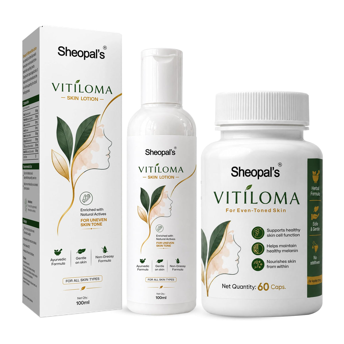 Sheopal's Vitiloma Combo | Skin Lotion & Capsules for Healthy-Looking Skin Tone | White Patches, Discoloration of Scar Removal, Piebald, for men and women ((Com
