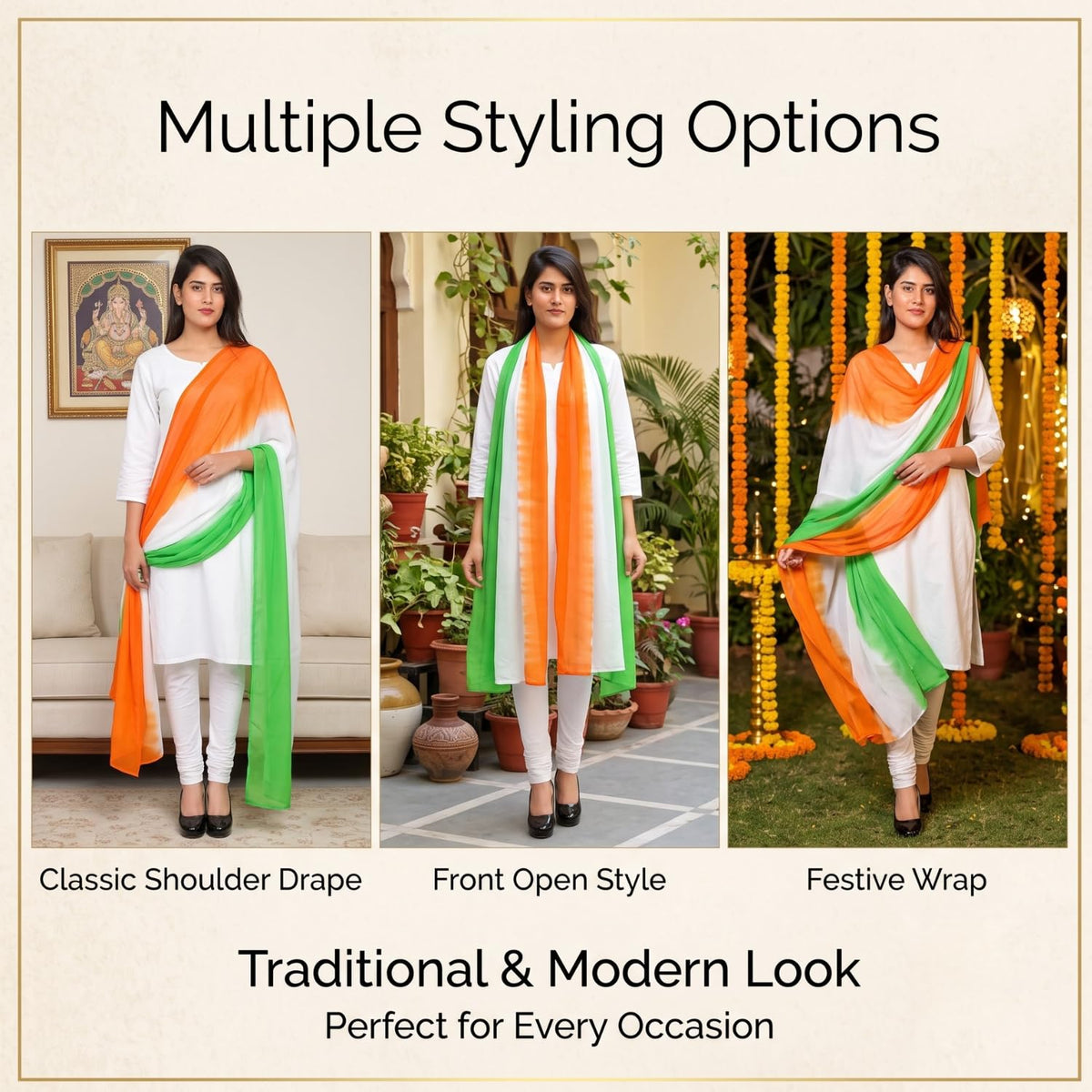 Kalakriti Womens Girls Dress Dupatta Full 2.25 mtrs | Tie-Dye Chiffon Fabric Dupatta Tricolor Chunni | Republic Day | Independence Day