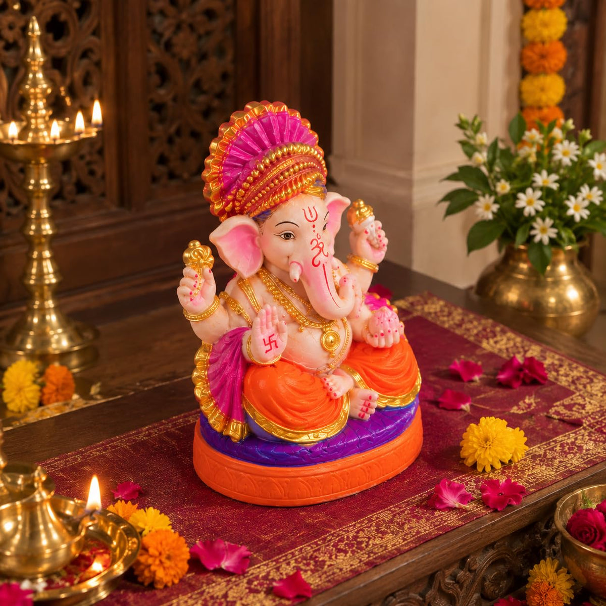 Royal Mukut Lord Ganesha Idol – (6 Inch/Colored)