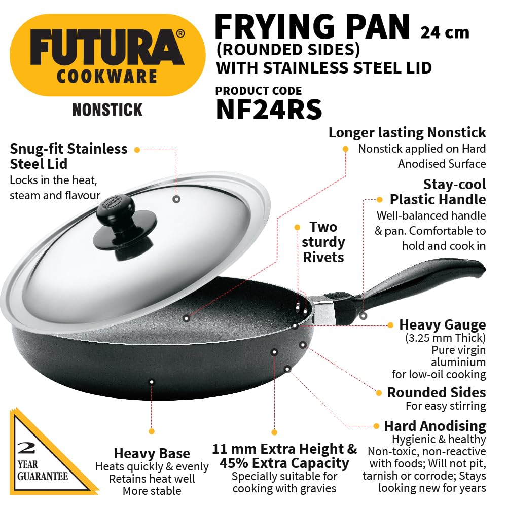 Hawkins Futura 24 cm Frying Pan, Non Stick Fry Pan with Stainless Steel, Rounded Side Frypan for Easy Stirring, Black (NF24RS) 24 cm Black