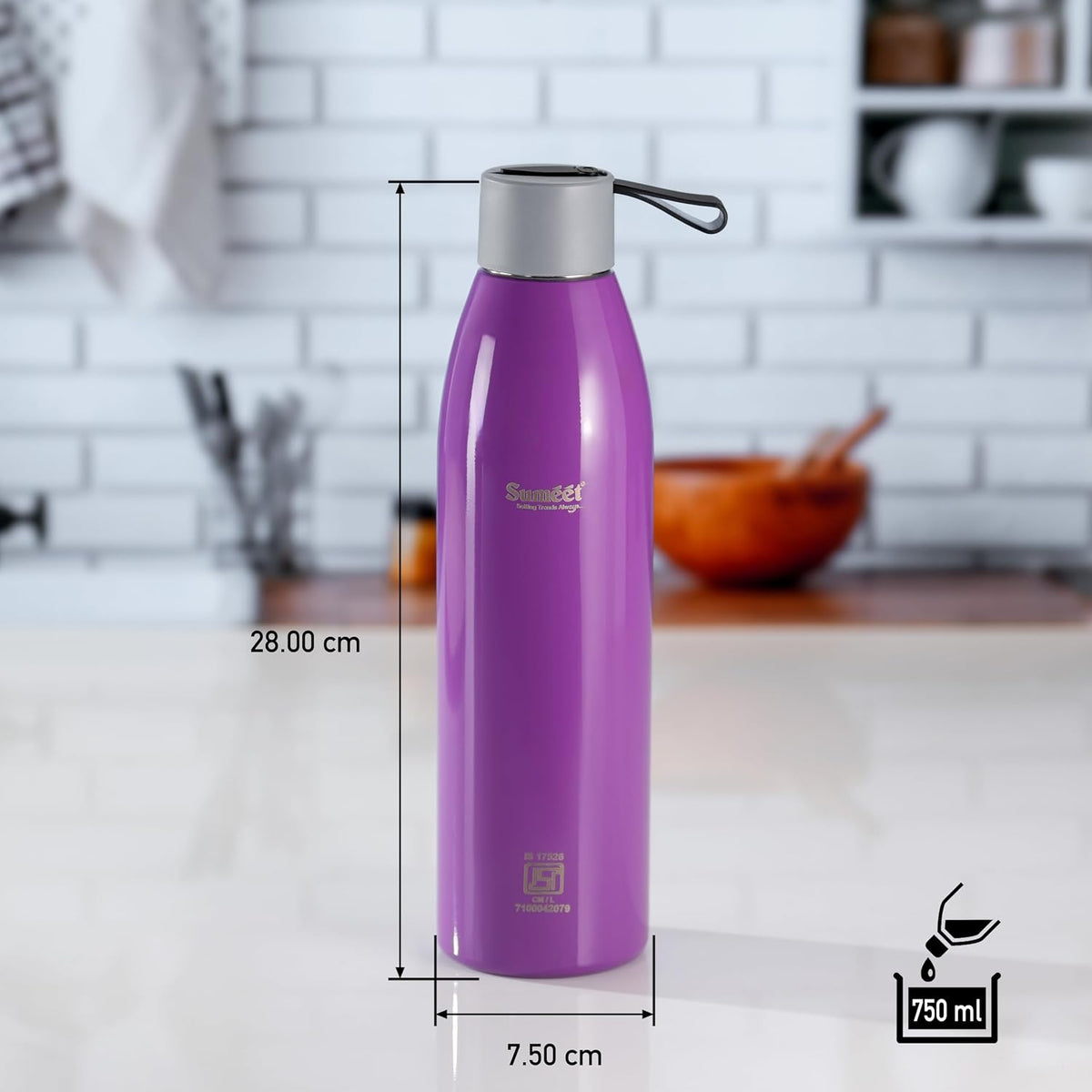 Sumeet Dew 24 Hrs Hot & Cold ISI Certified Stainless Steel Leak Proof Water Bottle for Office/School/College/Gym/Picnic/Home/Trekking -750ml, Pack of 1, Purple