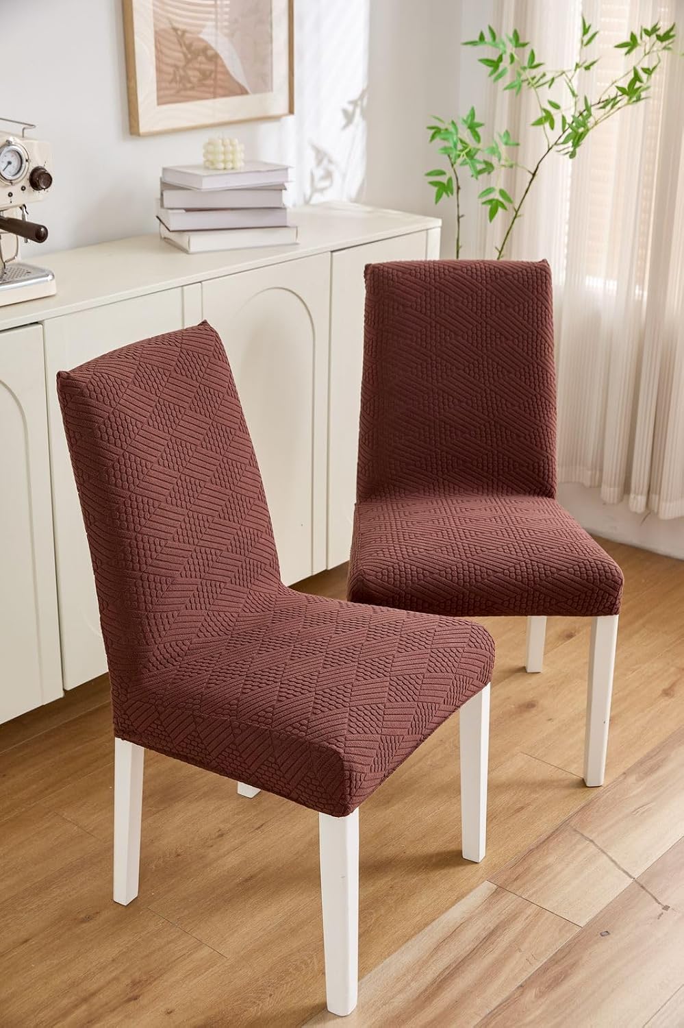 HOMETHREADS Elastic Jacquard Chair Cover Stretch Removable Washable Short Dining Chair Cover Protector Seat (Coffee, Pack of 6) Coffee Pack of 6