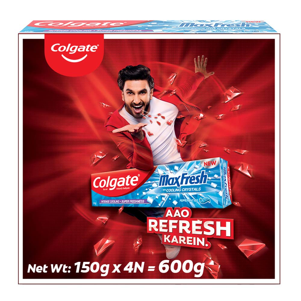 Colgate MaxFresh Breath Freshener Toothpaste, 600g (150g x 4), Peppermint Ice, Blue Gel Paste with Menthol, Cooling crystals for bad breath control & Plax Peppe