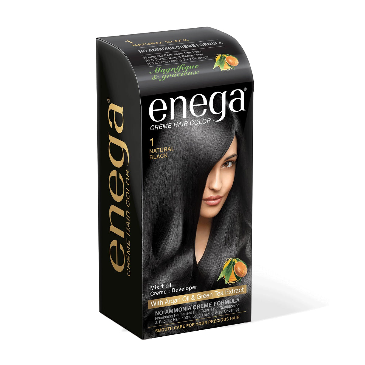 Enega No Ammonia Grey Coverage Long Lasting Creme Hair Color with Argan Oil & Green Tea Extract - Pack of 1(150 ML) (Natural Black)