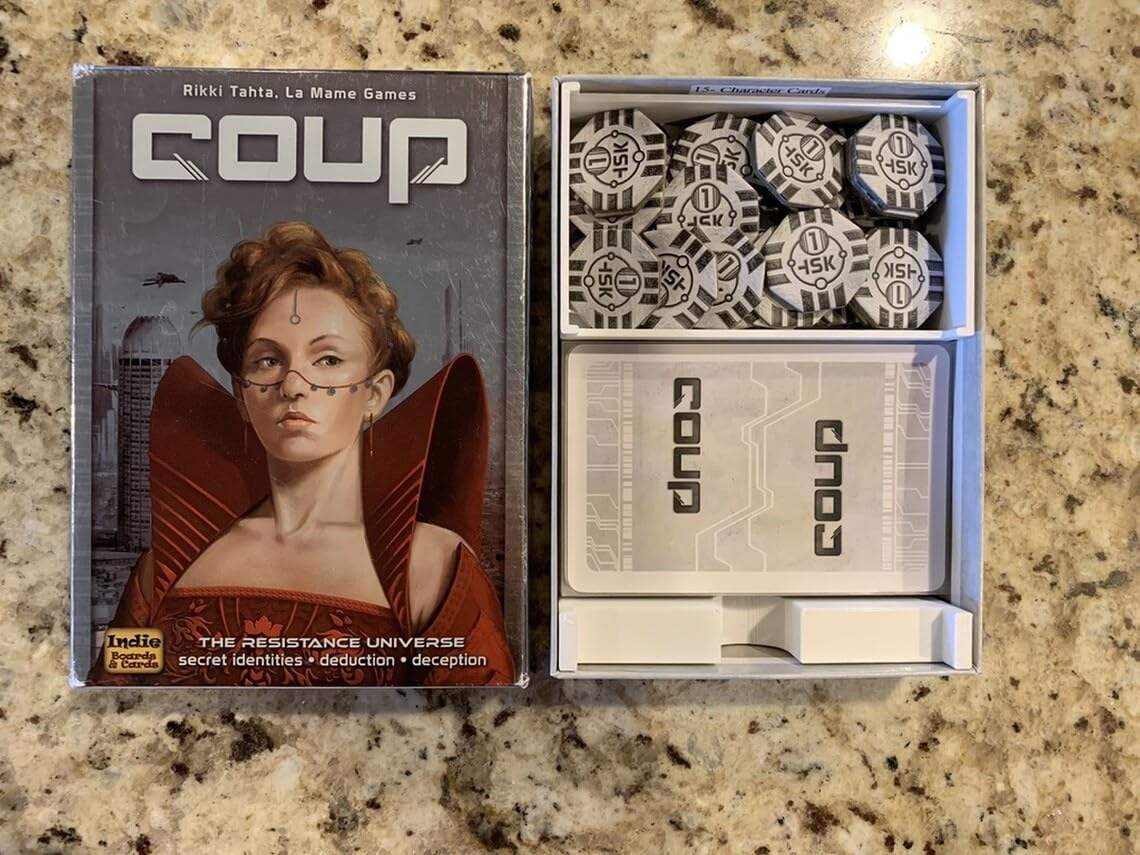 Coup Card Game for 2-6 Players, Board and Party Game with 3D Printed Insert, Sleeved Cards