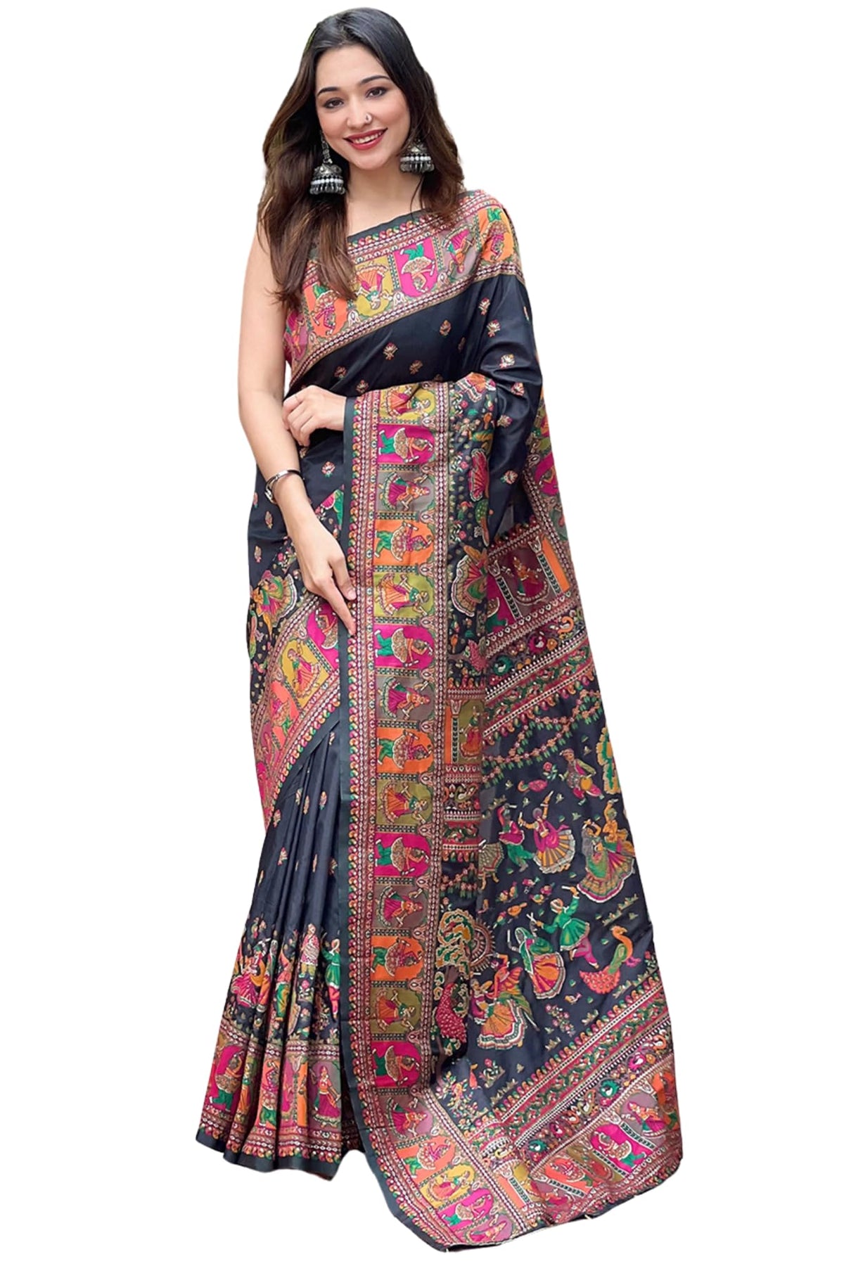 SGF11 Women's Kanjivaram Soft Lichi Silk Saree With Blouse Piece 6.3metres Black