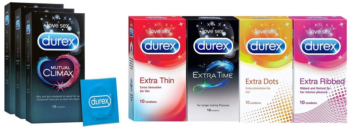 Durex Multi-pack Condoms for Men (Extra Time, Extra Dotted, Extra Ribbed) - 10 count (Pack of 4) & Mutual Climax Condoms for Men & Women - 10 Count (Pack of 3)