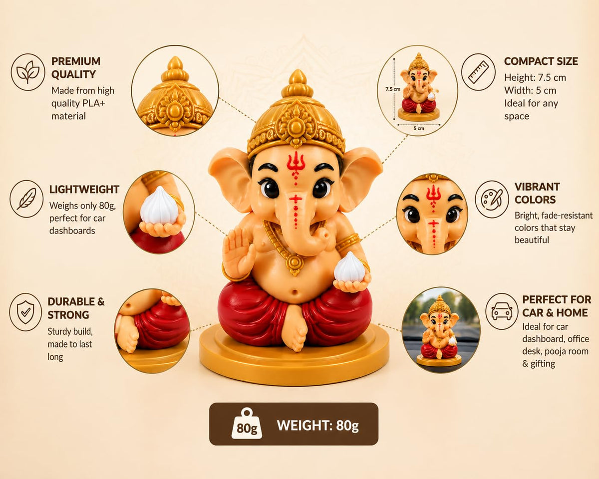 VASPAR Cute Baby Ganesha Idol for Car Dashboard | Premium Lord Ganesh Murti | Mini Ganpati Statue for Home Decor, Office Desk & Pooja Room | Spiritual Gift | Re
